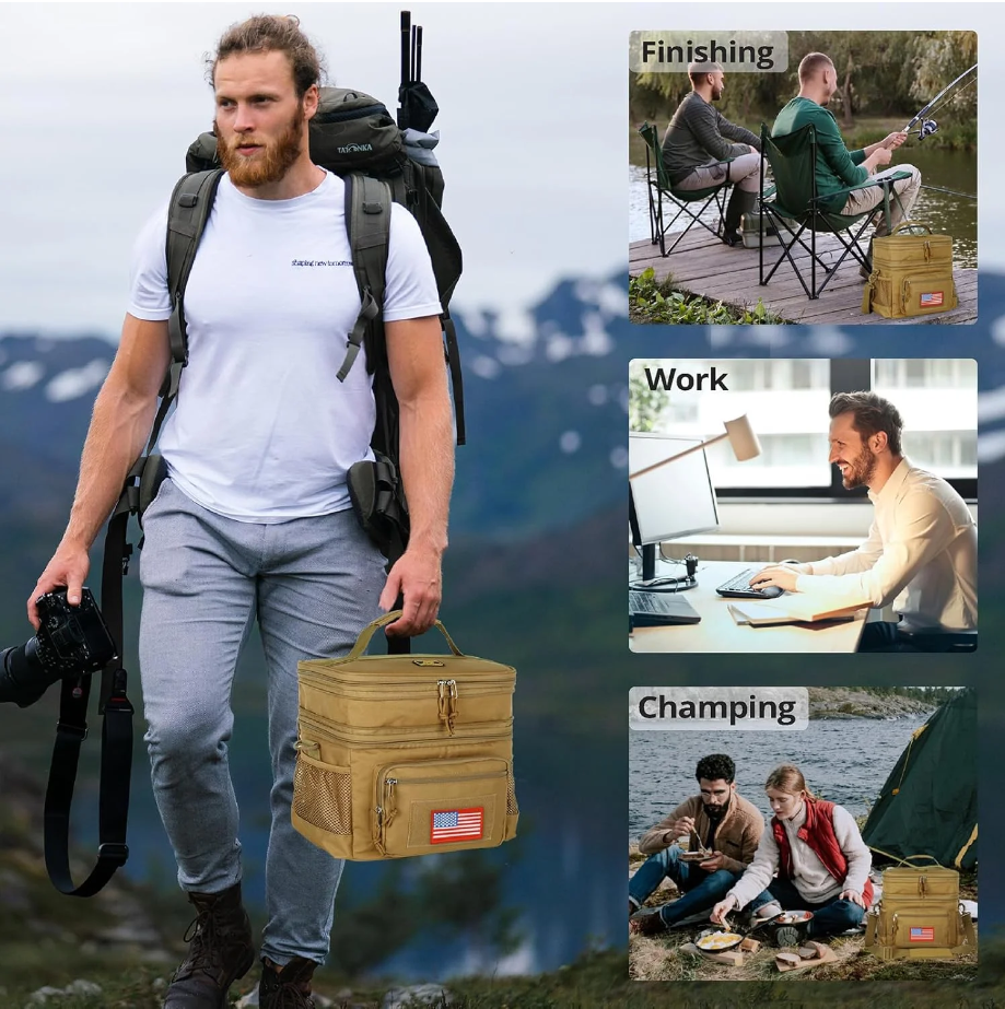 thumbnail video image 2 of ATRIPACK Double Deck Lunch Box for Men, Lunch Cooler Bag Work with Shoulder Strap Webbing Large Capacity Leakproof Insulated(19.5 Black), 2 of 9