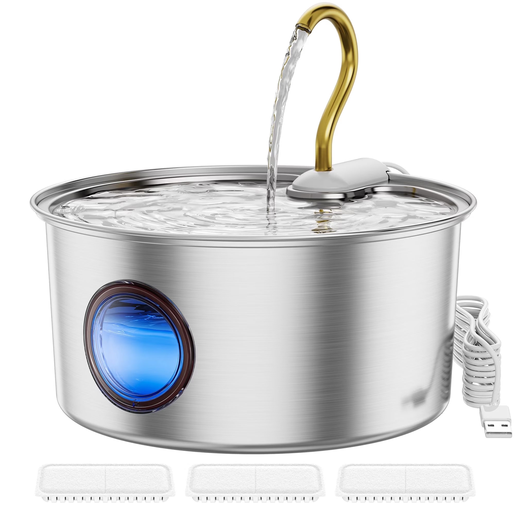 thumbnail video image 2 of FWMB Cat Water Fountain Stainless Steel, 108oz/3.2L Pet Water Dispenser Featuring Water LED Window and Ultra-Quiet Pump for Cats, Dogs and Multiple Pets, 2 of 9
