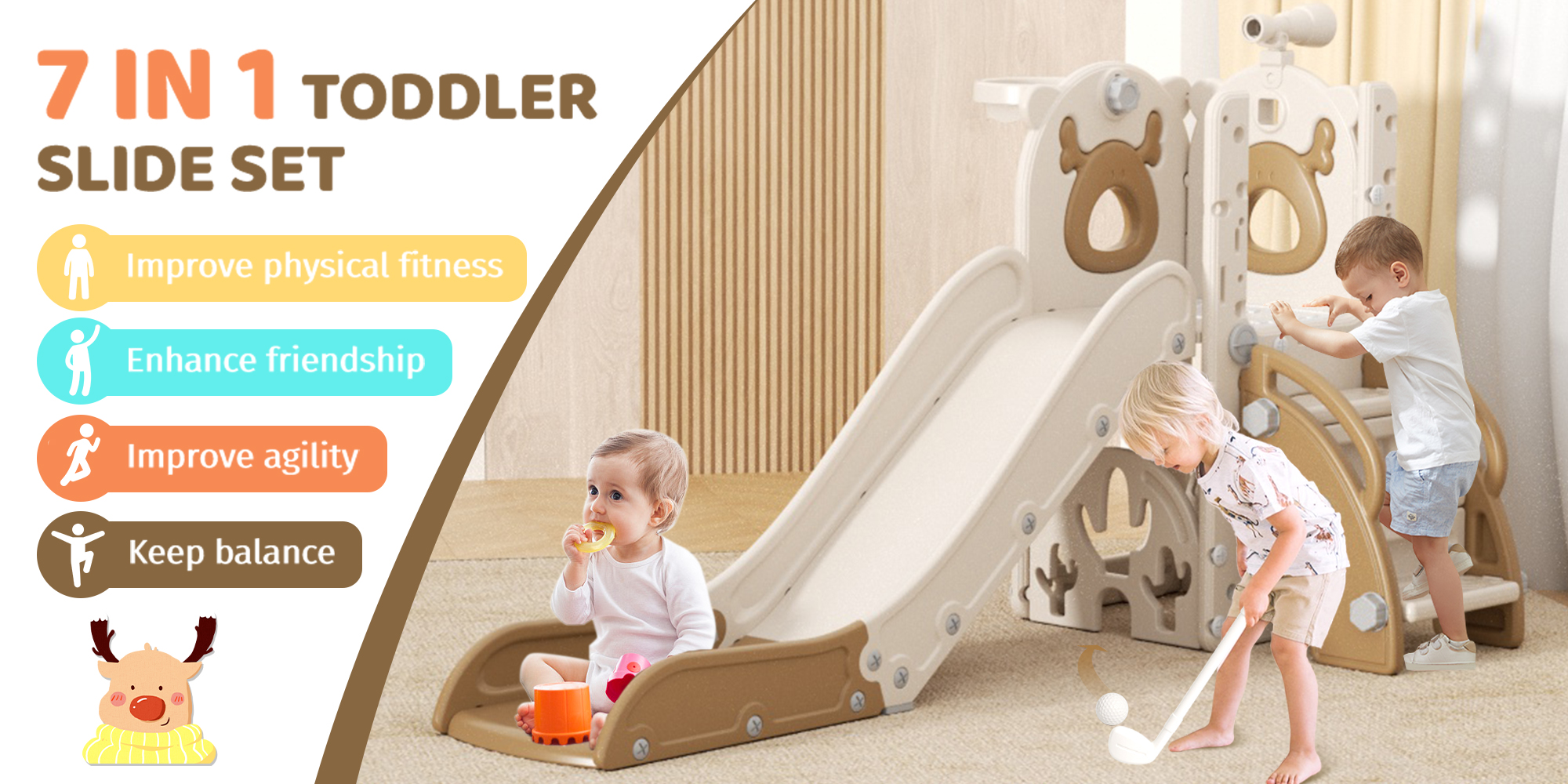 thumbnail video image 2 of KORIMEFA 7-in-1 Toddler Slide Set, Outdoor Indoor Playset Slide for Kids Age 1-3 with Golf, Basketball Hoop, Backyard Playground Climbing Theme Baby Slide Toy, 2 of 18