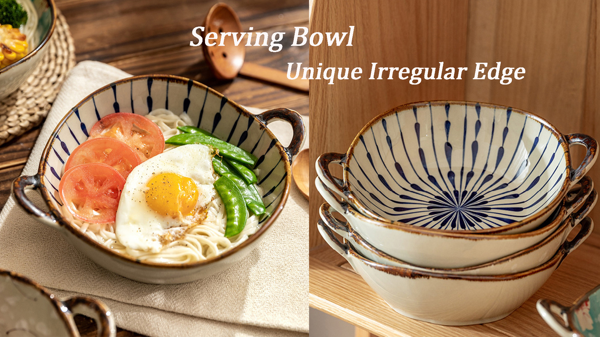 thumbnail video image 2 of Decorative Serving Bowl - 24oz Ceramic Soup Bowl with Handle Ramen Bowl for Salad,Pasta,Cereal,700ML Porcelain Stoneware Kitchen Dish, 2 of 8
