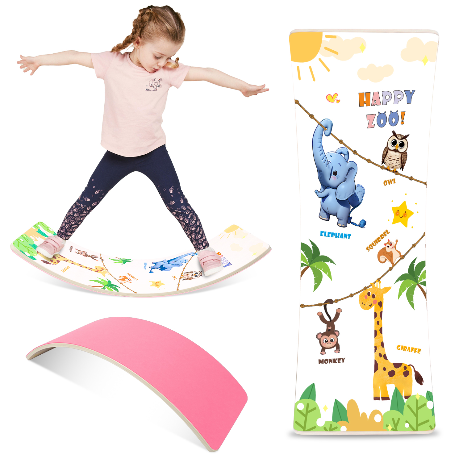 thumbnail video image 2 of Montessori Wooden Balance Board Rocker Wobble Board for Kids Toddler 35inch Anti-slip Felt Pads Animal Prints Ideal for Balance Coordination Skills Balance Toys Pink, 2 of 9