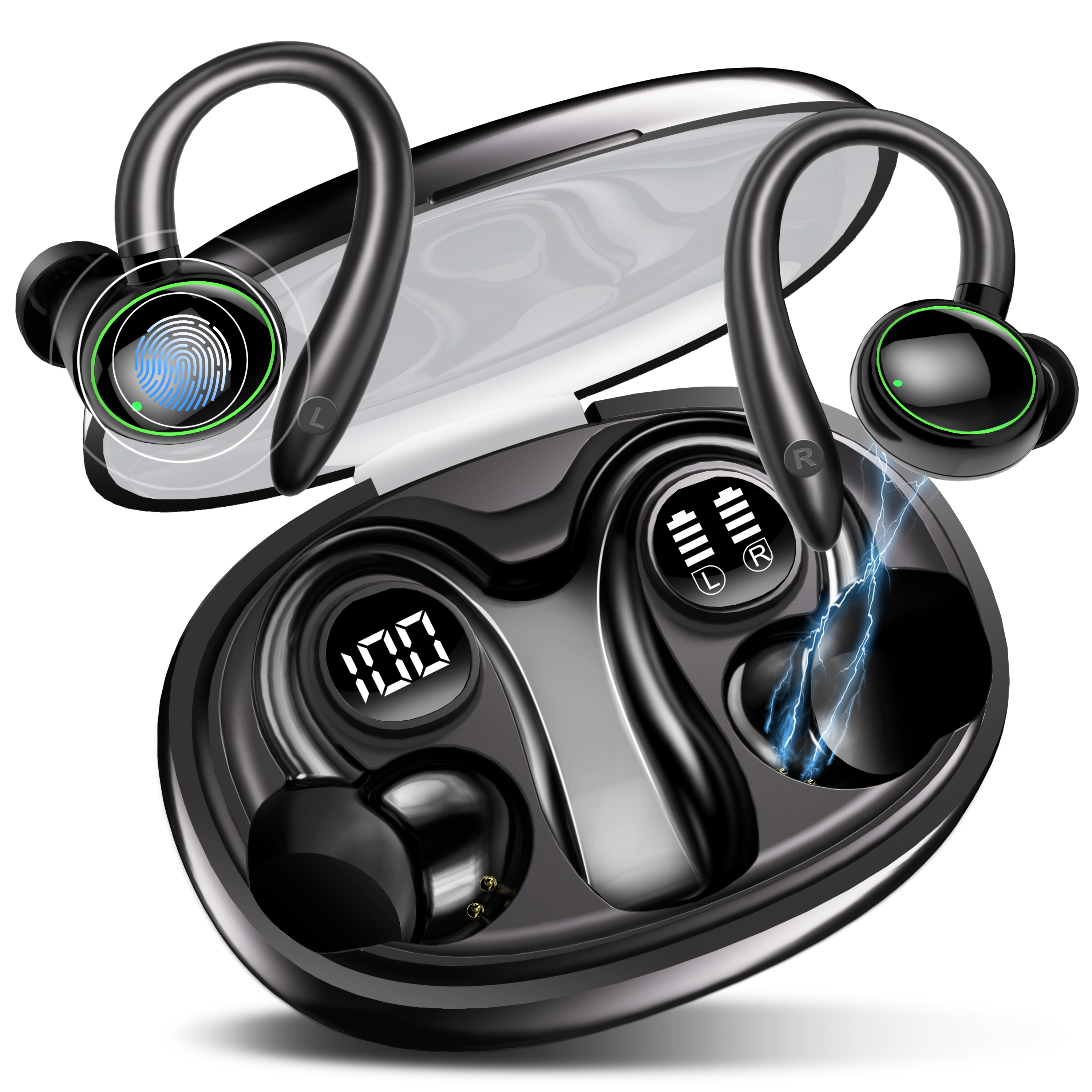 thumbnail video image 2 of Wireless Earbuds, Bluetooth 5.4 Sports Headphones, 50H Playback Over Ear Earbuds with ENC Noise Cancelling Mic, Deep Bass Fitness Earphones Gym Running Workout with Earhooks, IP7 Waterproof Headset, 2 of 8