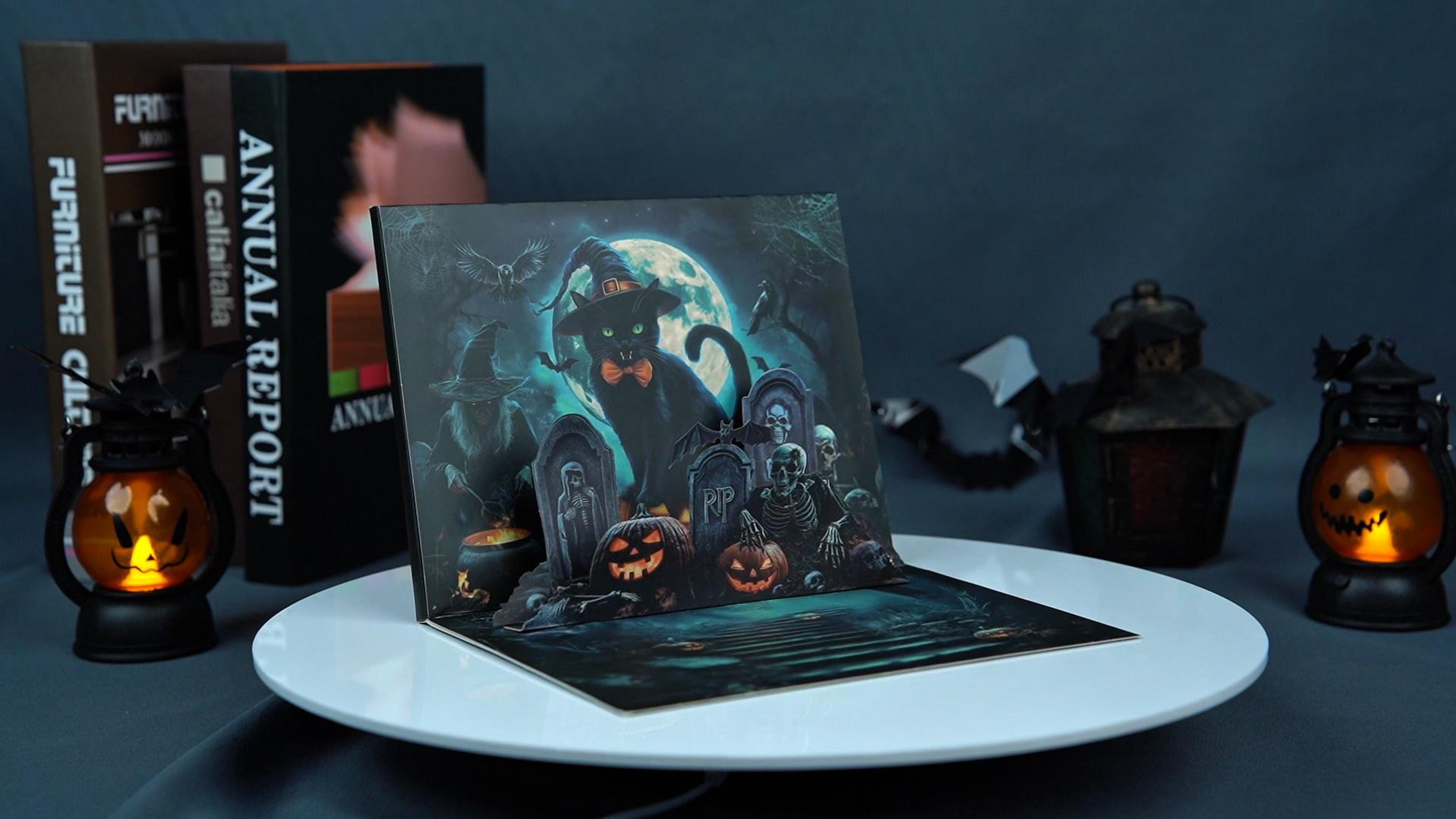thumbnail video image 2 of WaaHome Musical Halloween Cards  - Light & Music Funny Halloween Pop Up Card for Boys Girls - Midnight Blessings from Witchy Cat, 2 of 8