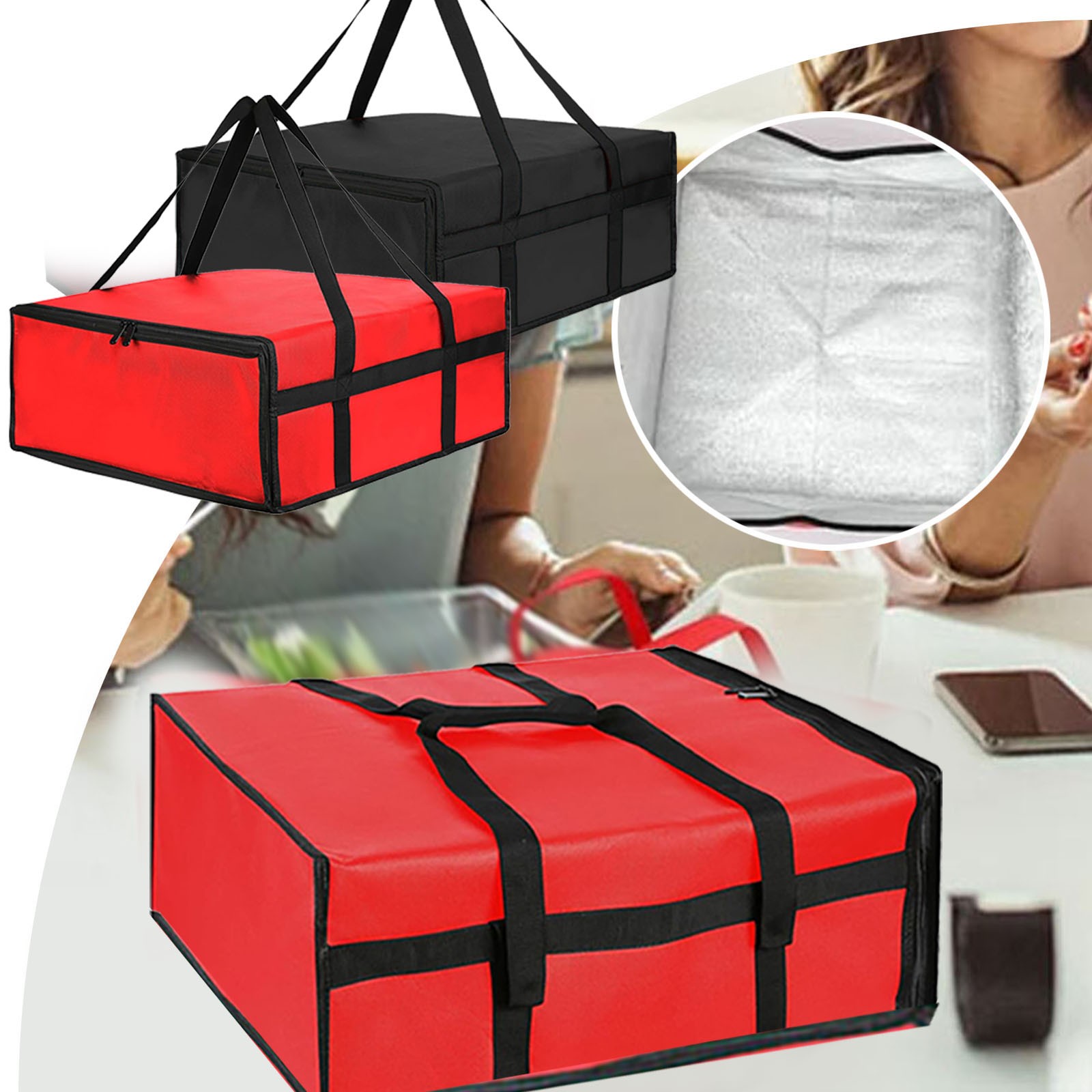 thumbnail video image 2 of Pizza Carrier Insulated Bags Large for Deliveries, Insulated Pizza Carrier Delivery Bag 20x20 Food Bag for Personal and Professional Use, 2 of 8