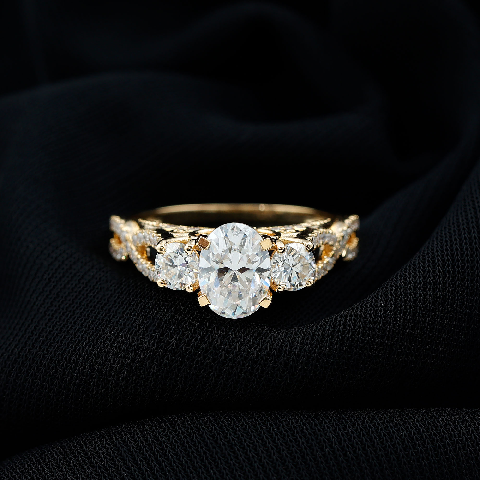thumbnail video image 2 of Rosec Jewels Vintage Engagement Ring with Moissanite - D-VS1 Grade Certified Moissanite 3 Stone Ring for Women - Jewelry Box included, 18K Yellow Gold, US 3.00, 2 of 8