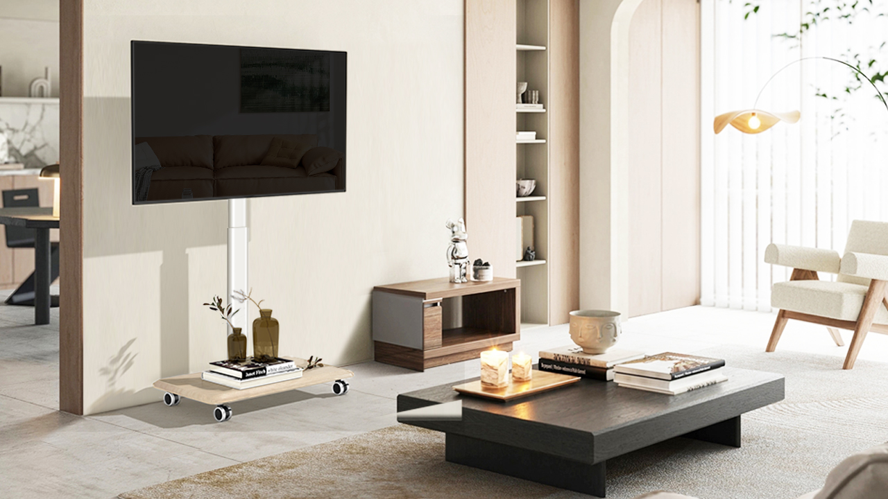 thumbnail video image 2 of RTVR Modern Rolling TV Stand for 32 to 70 inch Screens, White Floor Portable TV Stand with Wooden Base, 2 of 11