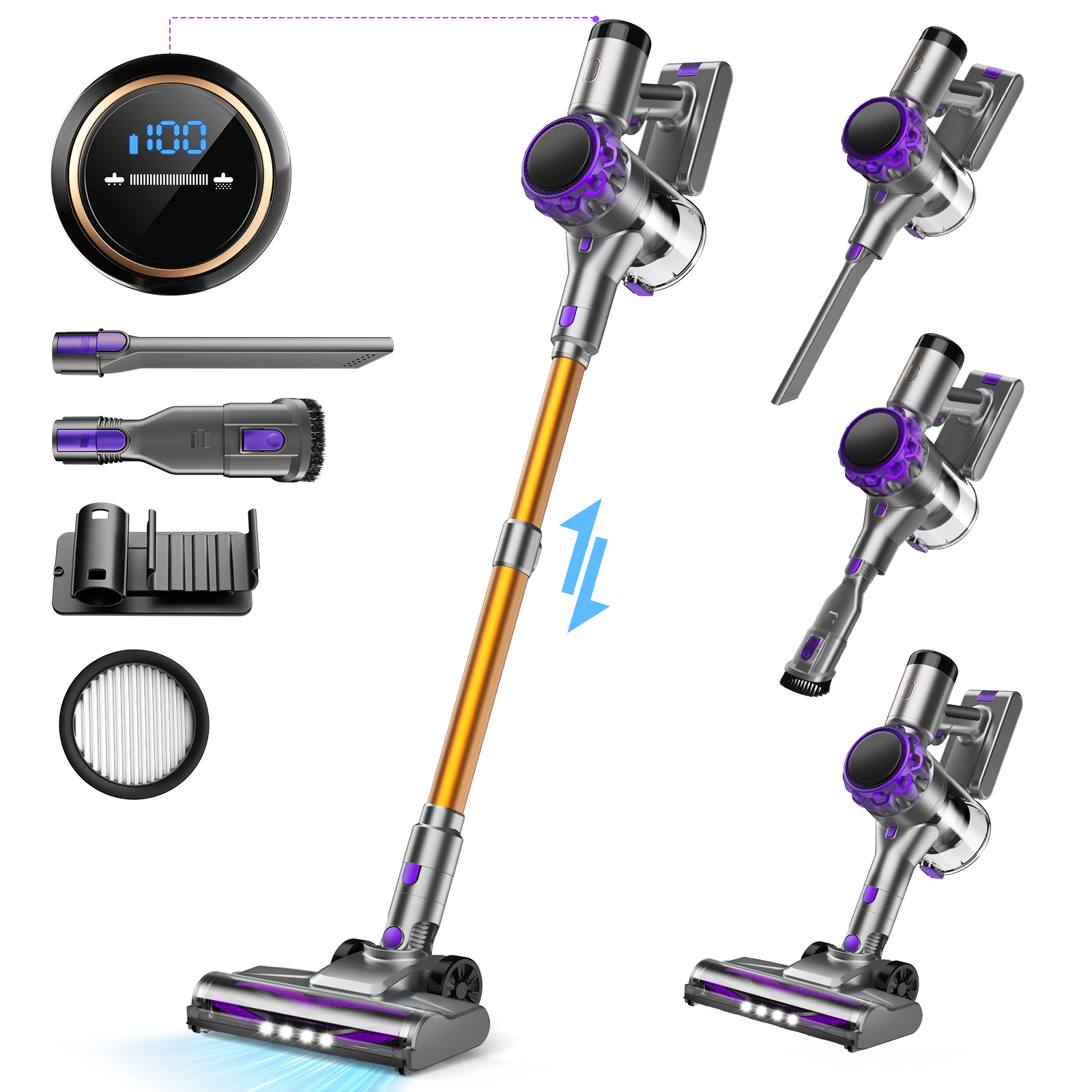 Cordless Vacuum Cleaner, 350W 35Kpa Powerful Stick Vacuum, with LED Display Free-Standing Vacuum Cleaners for Home Pet Hair Carpet Hard Floor S3 (Purple) thumbnail 4