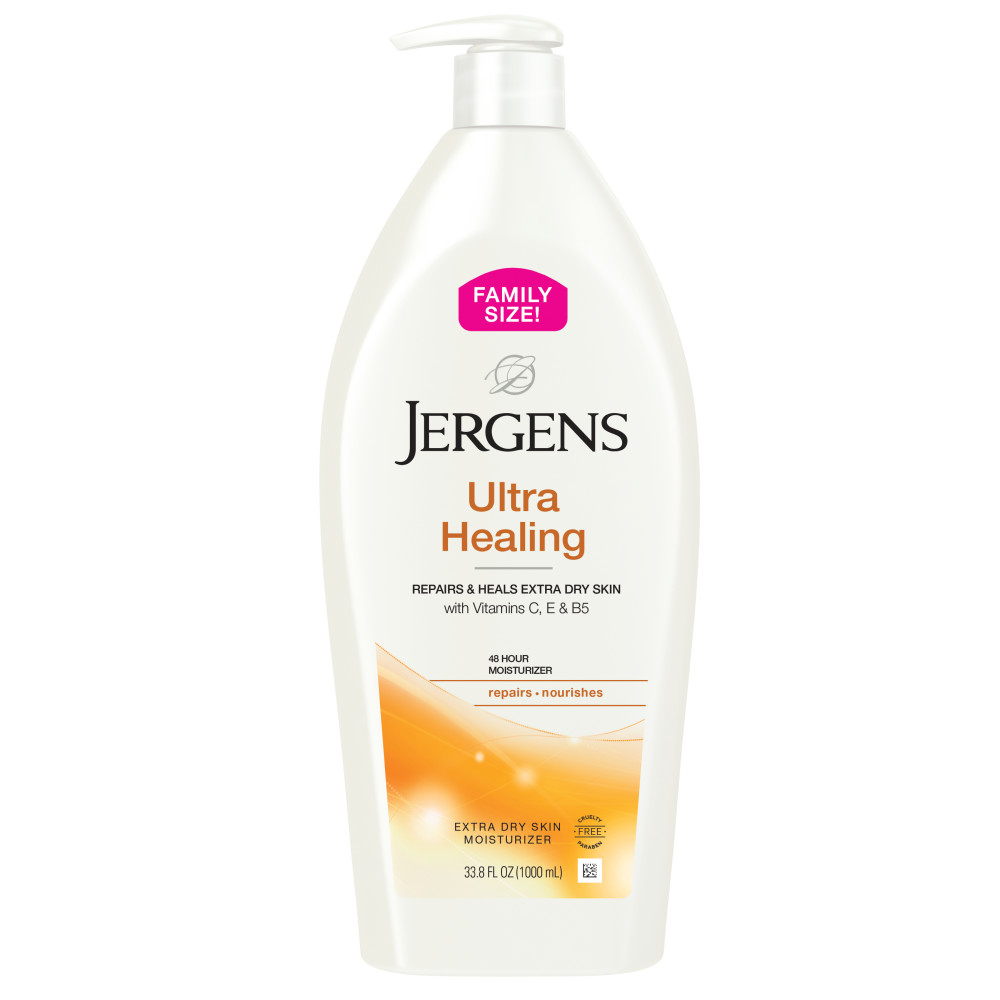 thumbnail video image 3 of (4 pack) Jergens Ultra Healing Hand and Body Lotion Dry Skin Moisturizer, Vitamins C, E, B5, 33.8 oz, 3 of 13