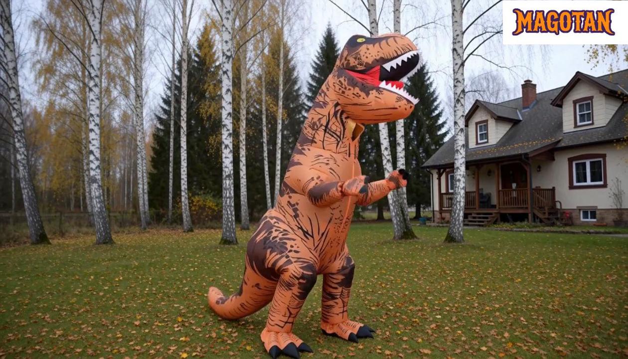 thumbnail video image 2 of Magotan Halloween Inflatables Costume for Adults,Funny Blow Up Full Body T-Rex Fancy Dress Jumpsuit for Halloween,Brown, 2 of 9