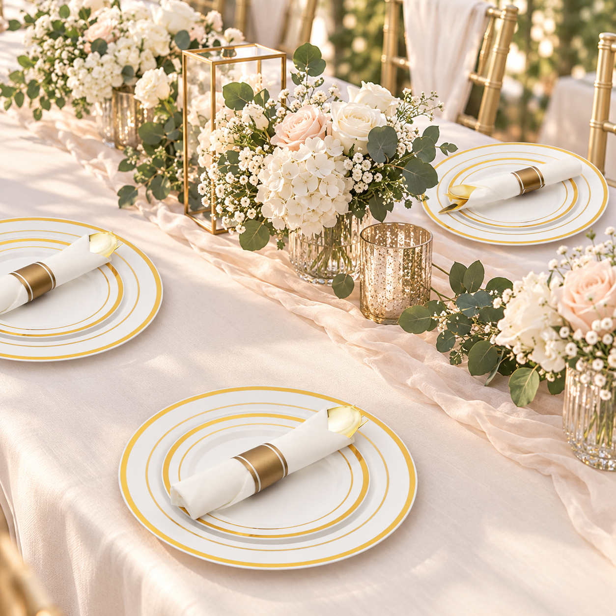 thumbnail video image 2 of Goodluck Disposable Gold Plastic Dinnerware Set for 50 Guests, 350-Piece Party Tableware with Dinner Plates, Dessert Plates, Cups, Cutlery & Pre-Rolled Napkins, 2 of 9
