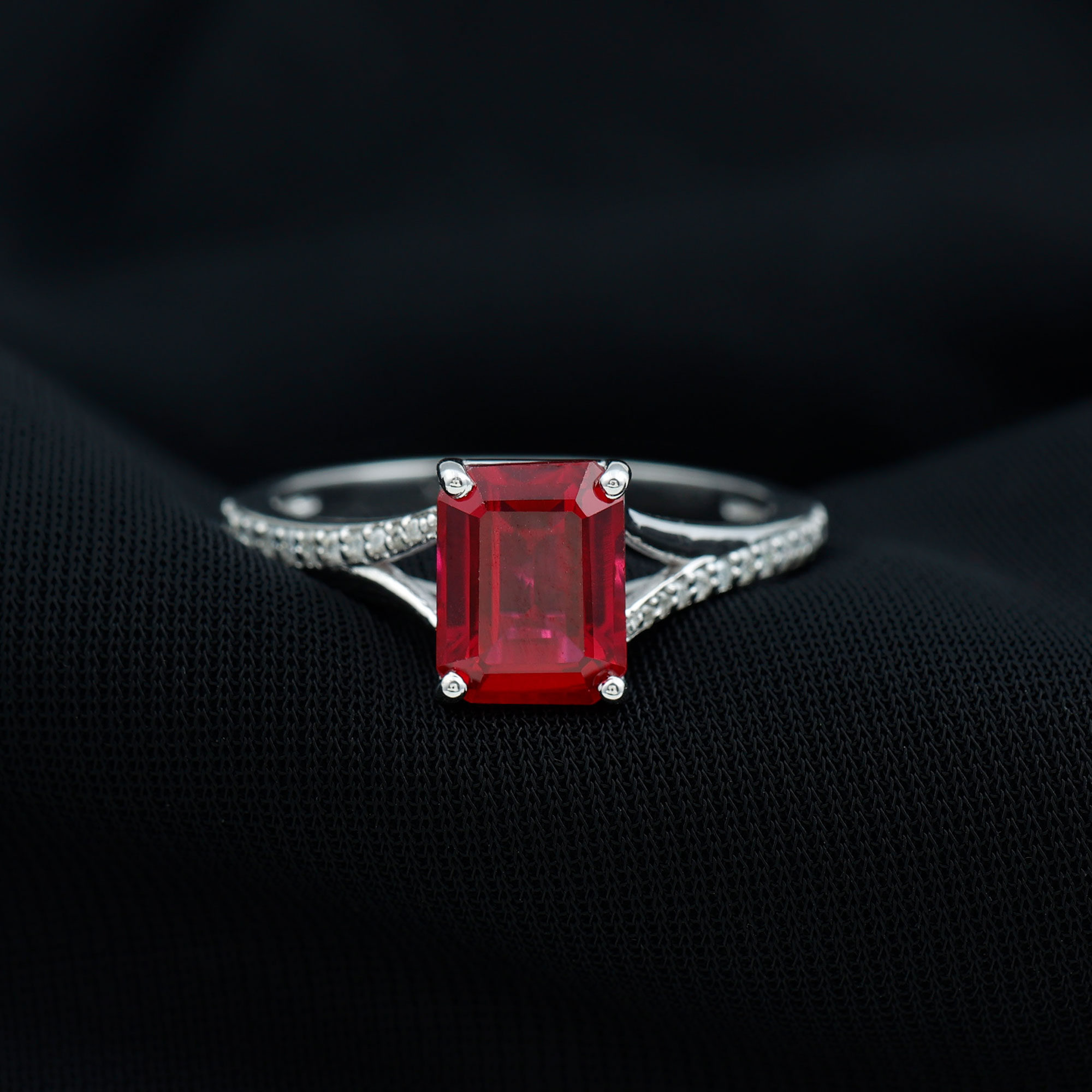 thumbnail video image 2 of Rosec Jewels Emerald Cut Created Ruby Solitaire Ring with Diamond, Split Shank Ring (7X9 mm), 14K Yellow Gold, US 4.00, 2 of 7