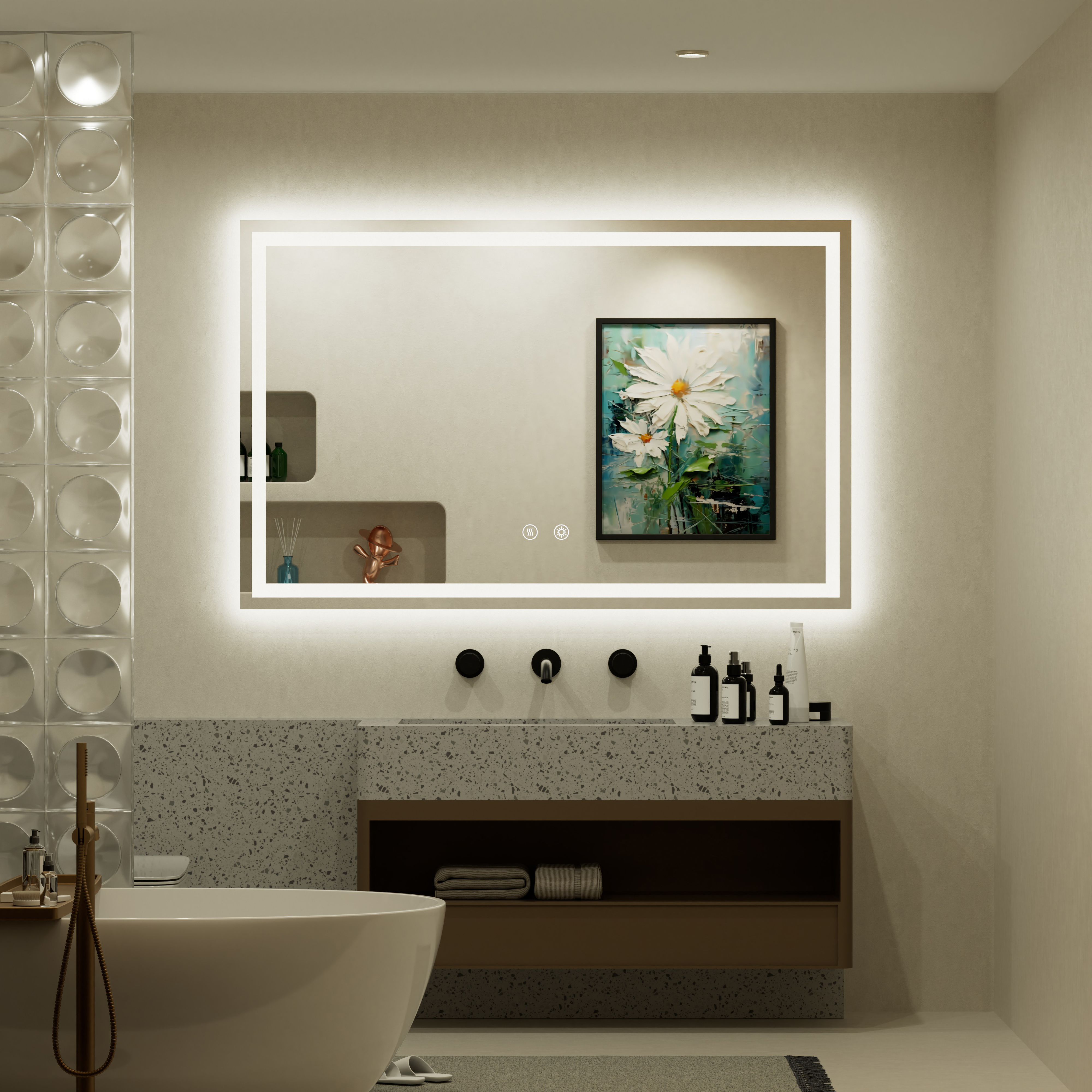 thumbnail video image 2 of JSneijder 55x36 inch LED Bathroom Mirror, Wall Mounted Frameless Lighted Bathroom Mirror, Dimmable, Anti-Fog, Horizontal/Vertical, 2 of 8