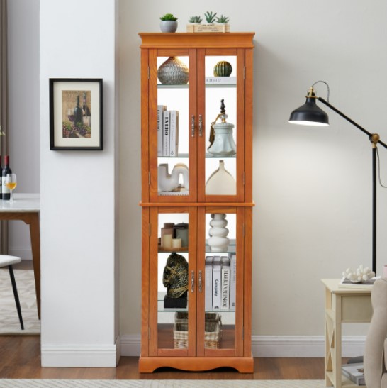 thumbnail video image 2 of Eyisean 71" Lighted Curio Cabinet, Glass Display Cage with 6 Adjustable Shelves, Tempered Glass Doors, Light Bulb Included, Wine Bar Cabinet for Living Room Liquor Storage, 2 of 12