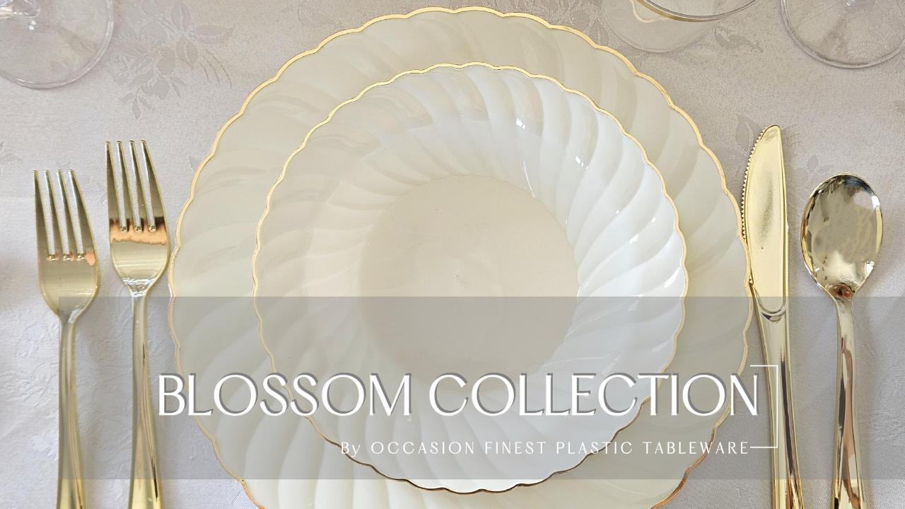thumbnail video image 2 of " OCCASIONS " 240 Plates Pack,(120 Guests) Premium Vintage Wedding Party Disposable Plastic Plates Set -120 x 10.25'' Dinner + 80x7.5'' Salad/Dessert (Blossom Blush Pink/Gold), 2 of 9