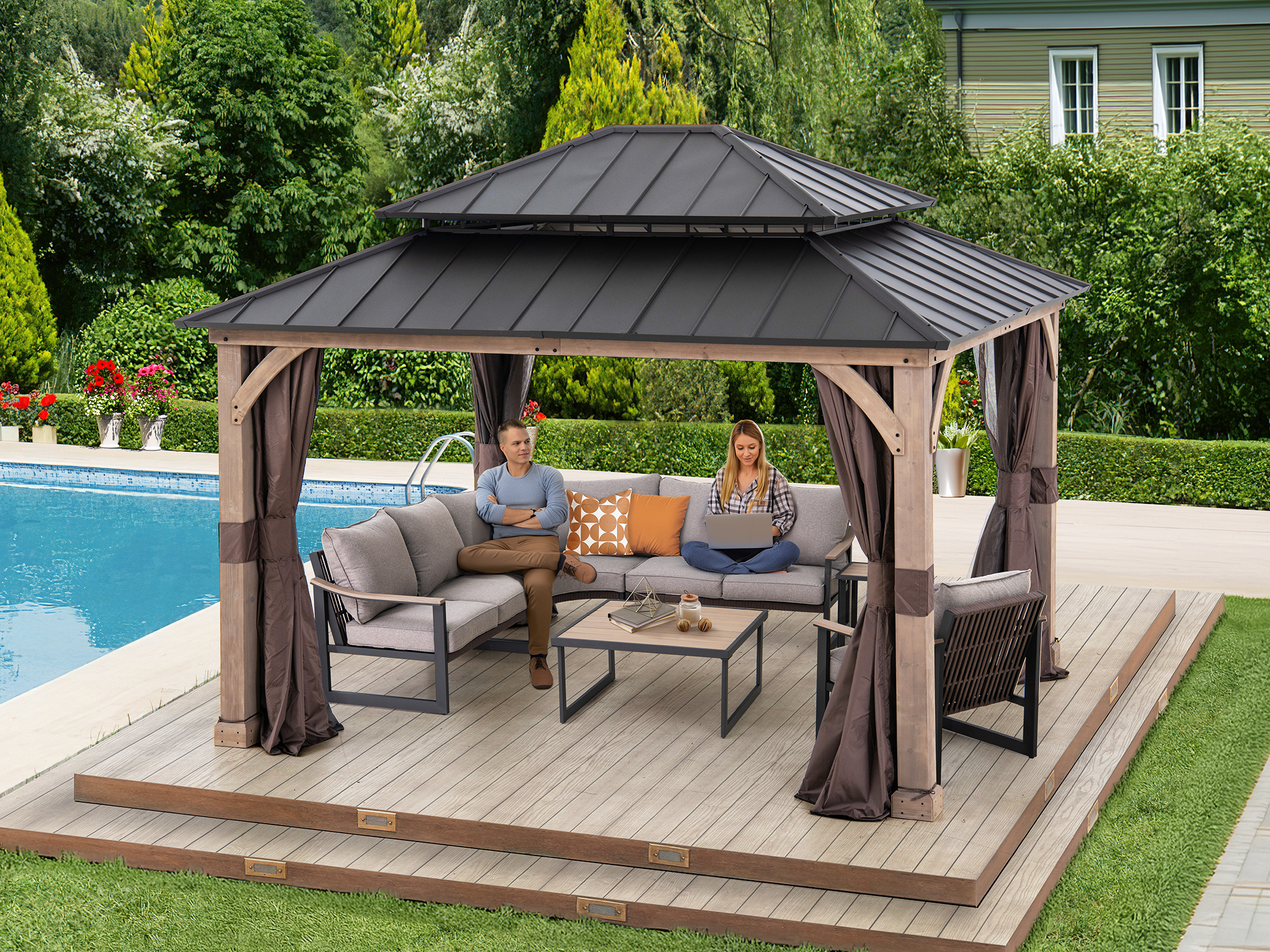 thumbnail video image 2 of Sunjoy 13 x 11 Wood Hardtop Gazebo with Customizable Netting and Curtains, Featuring a Double-Layer Galvanized Steel Roof, 2 of 12