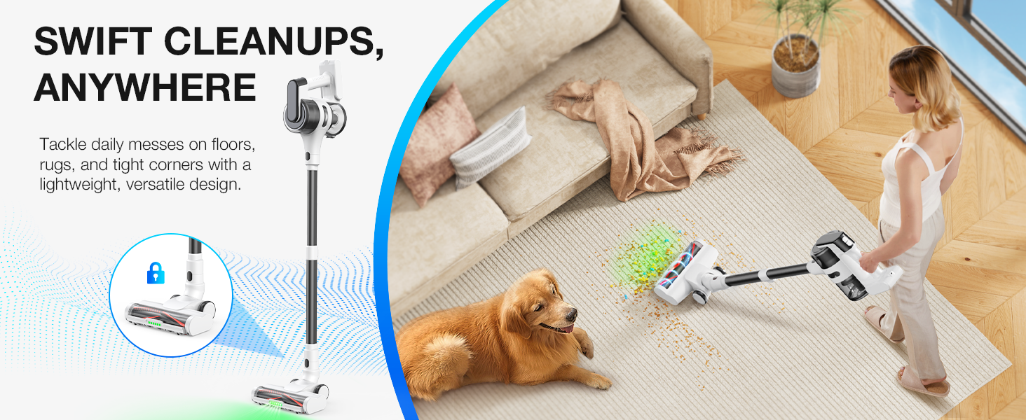 thumbnail video image 2 of Maircle Cordless Stick Vacuum, Power Suction, Headlight Motorized Brush, Lightweight, Self-Standing for Hard Floor, Carpet Pet Hair, White, 2 of 10