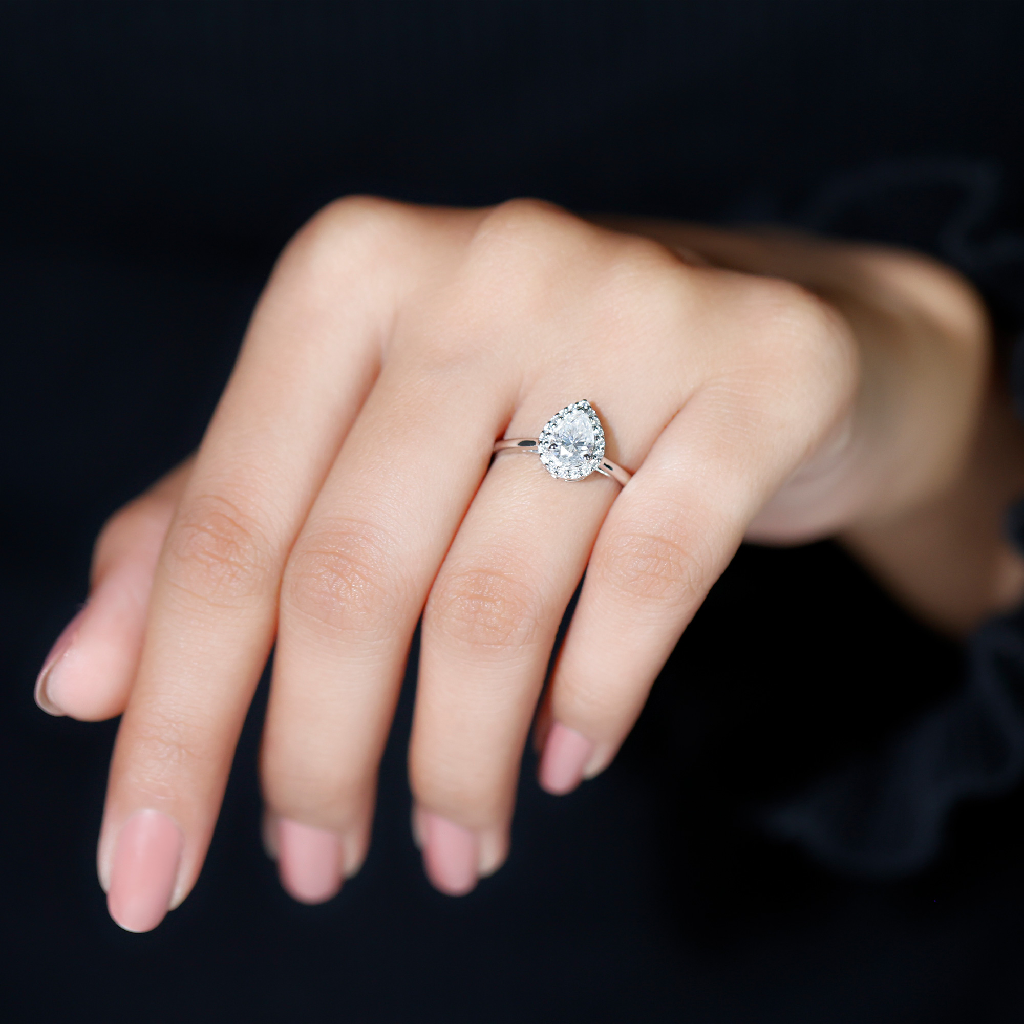 thumbnail video image 2 of Rosec Jewels Moissanite Pear Shaped Engagement Ring with Halo - 5X7 mm - Teardrop Ring - D-VS1 Quality Certified, 10K Yellow Gold, US 10.50, 2 of 9