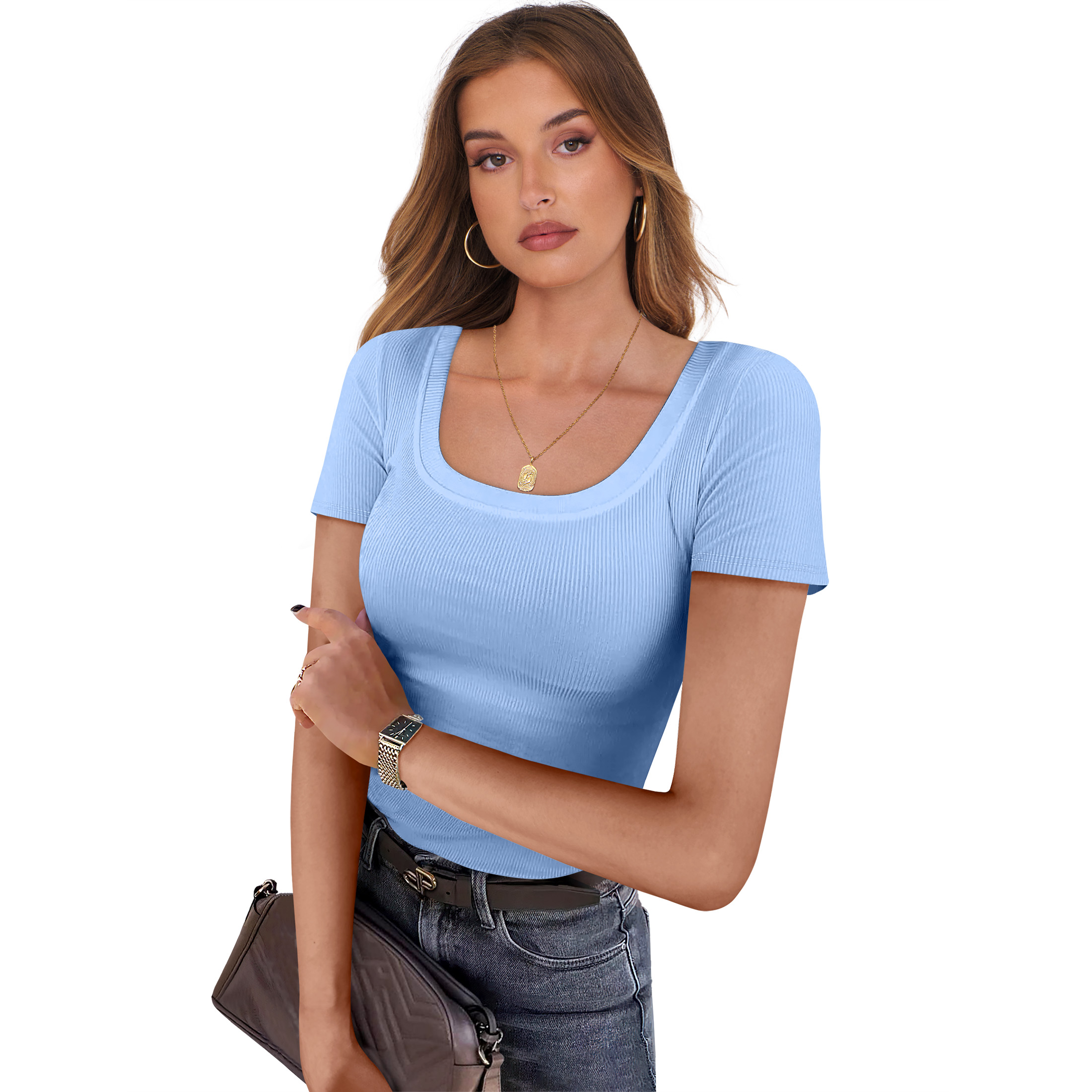 thumbnail video image 2 of Luniro Women's Basic Tops Scoop Neck T Shirts Ribbed Knit Slim Short Sleeve Tee Clothes Trendy 2026, 2 of 11