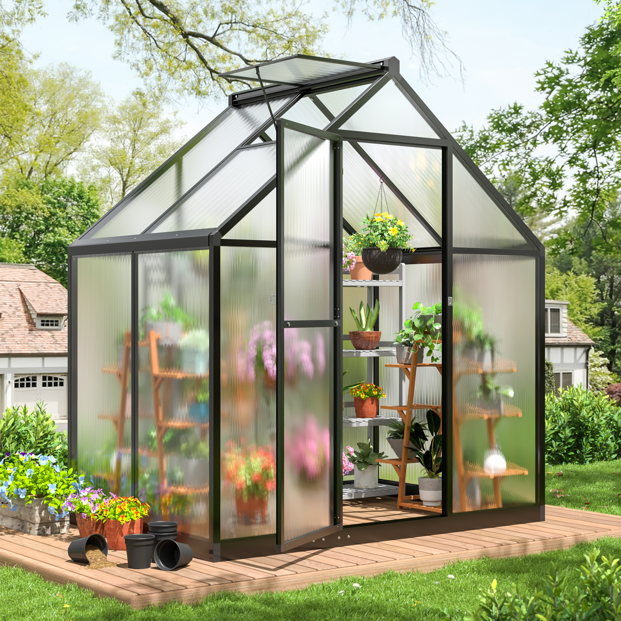 thumbnail video image 2 of NETAJE 4'x6' Outdoor Greenhouse, Walk-in Polycarbonate Green House with Aluminum Frame for Backyard, 2 of 8