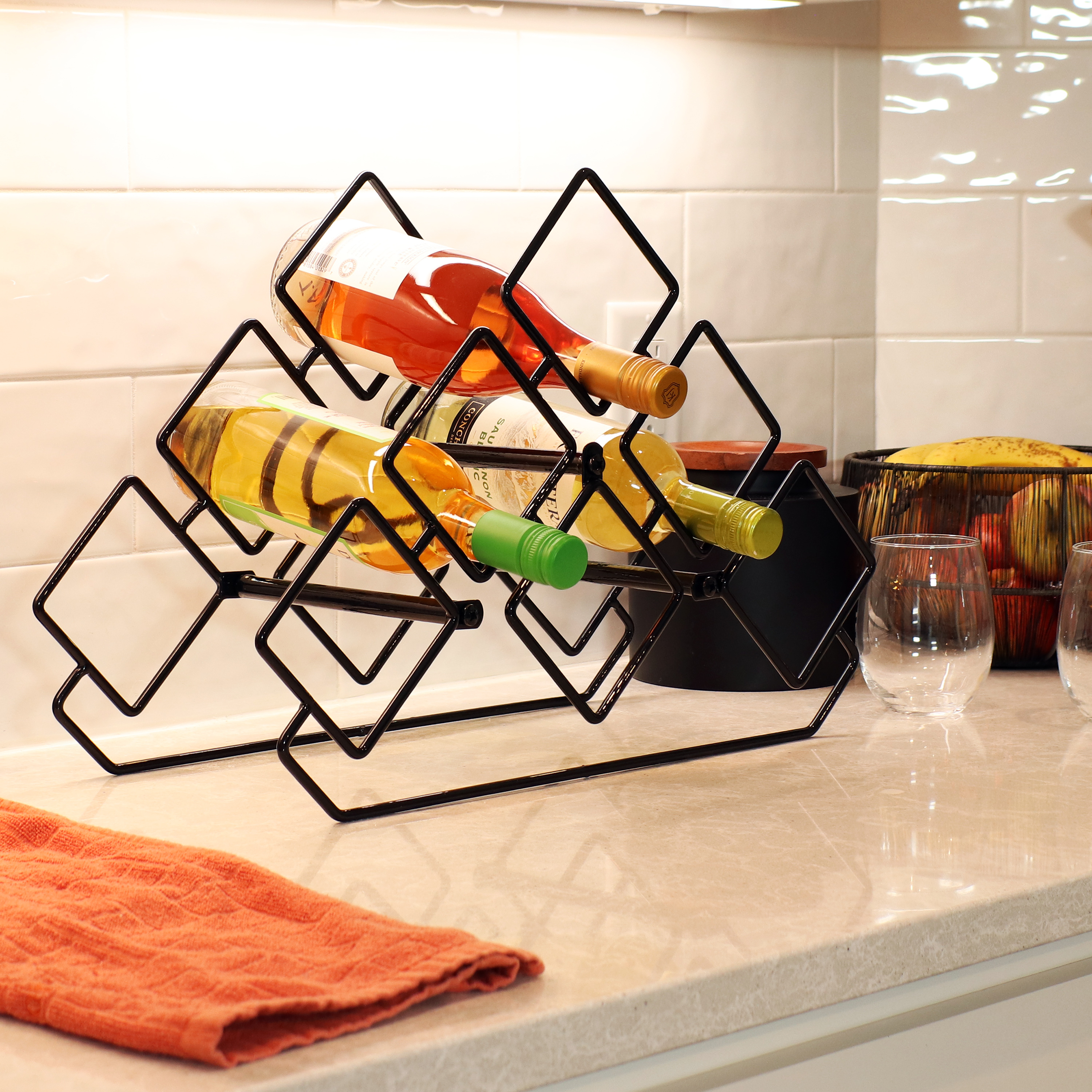thumbnail video image 2 of Sunnydaze Modern White Metal Wire Freestanding 6-Bottle Triangular Countertop Wine Rack, 2 of 7