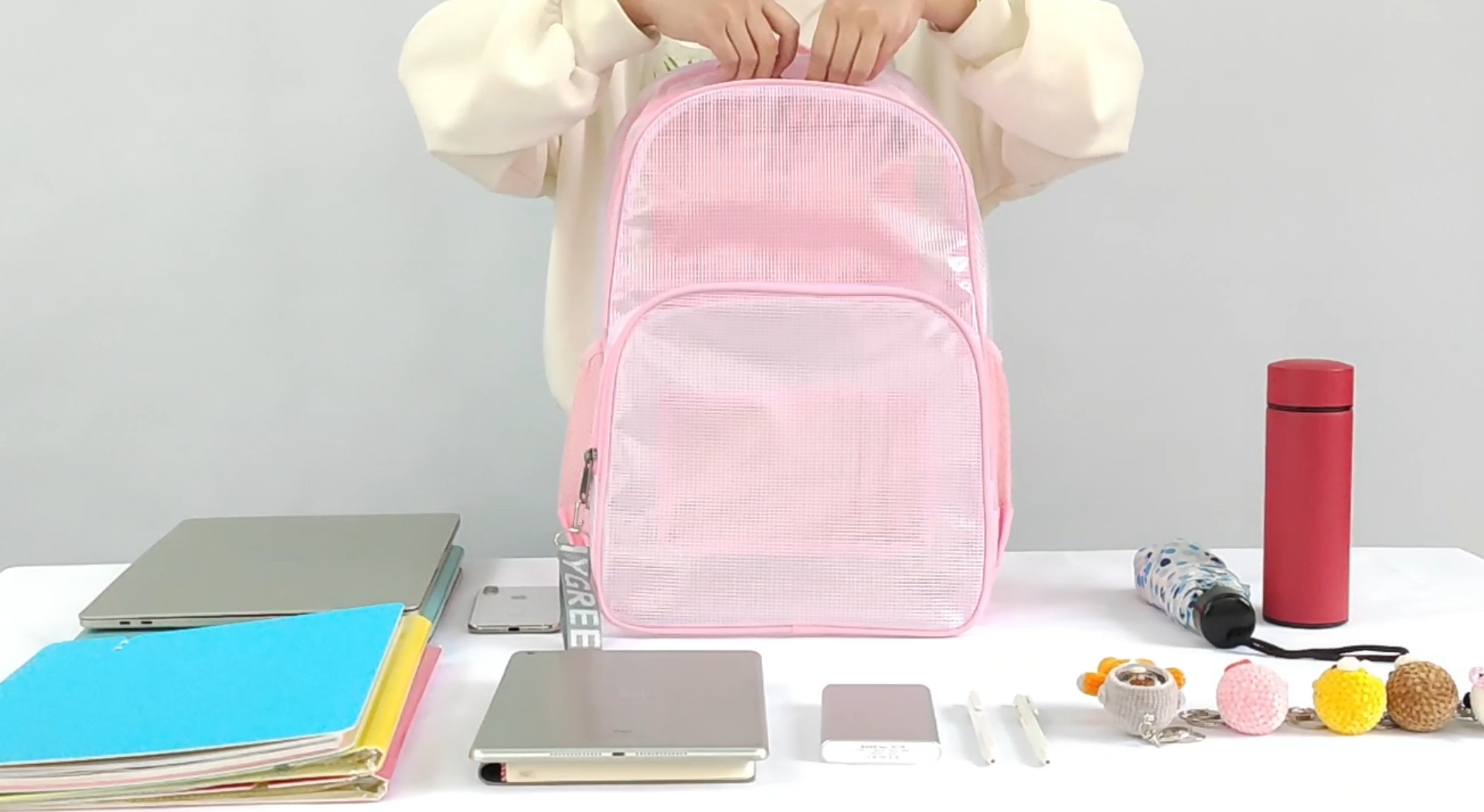 thumbnail video image 2 of Mygreen Heavy Duty Clear Bookbag Durable Plastic Transparent Clear Backpack for School Work Boy Men (Gray, Large), 2 of 9