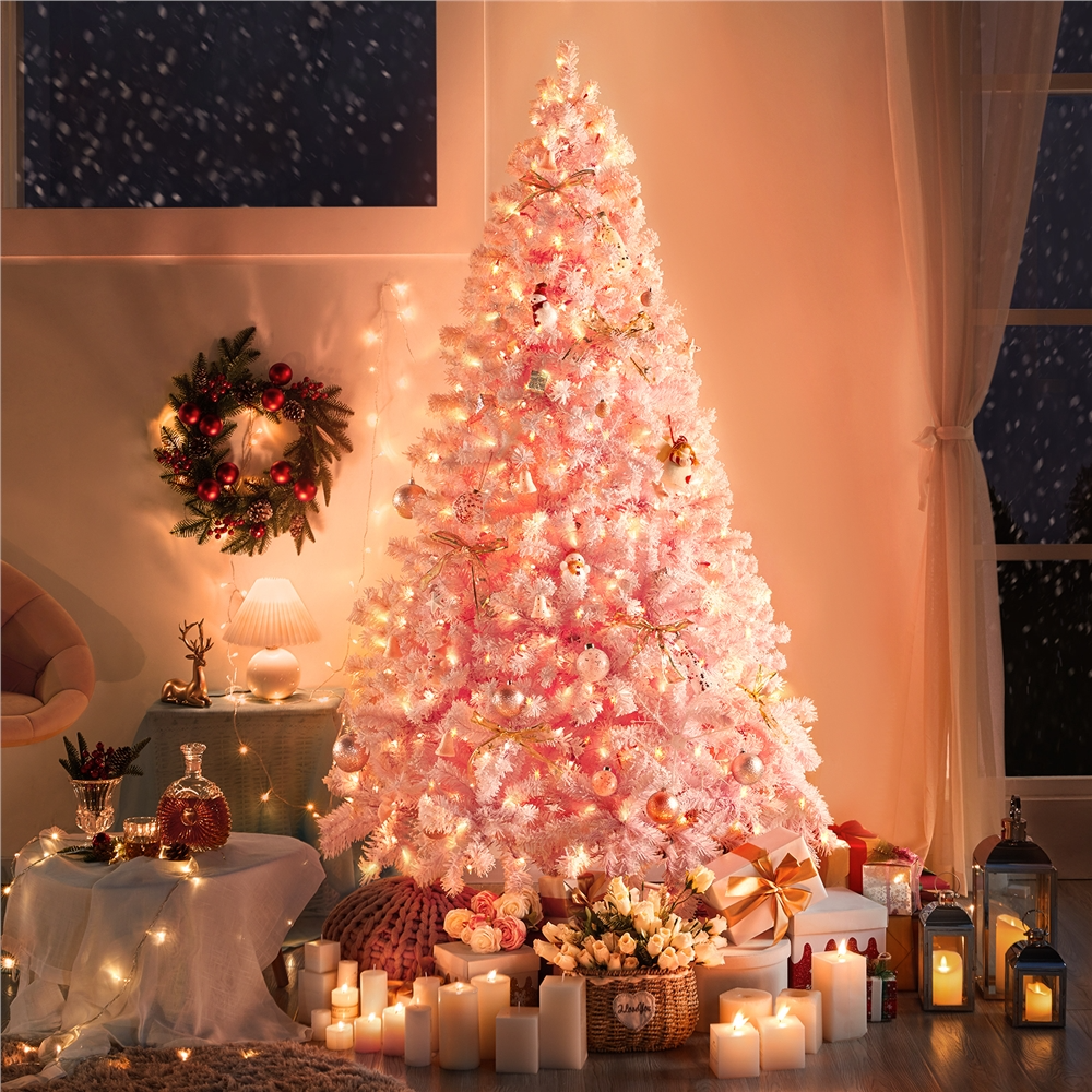thumbnail video image 2 of Yaheetech 6Ft Pre-lit Flocked Artificial Christmas Tree with Foldable Stand and Warm Lights, Pink, 2 of 8