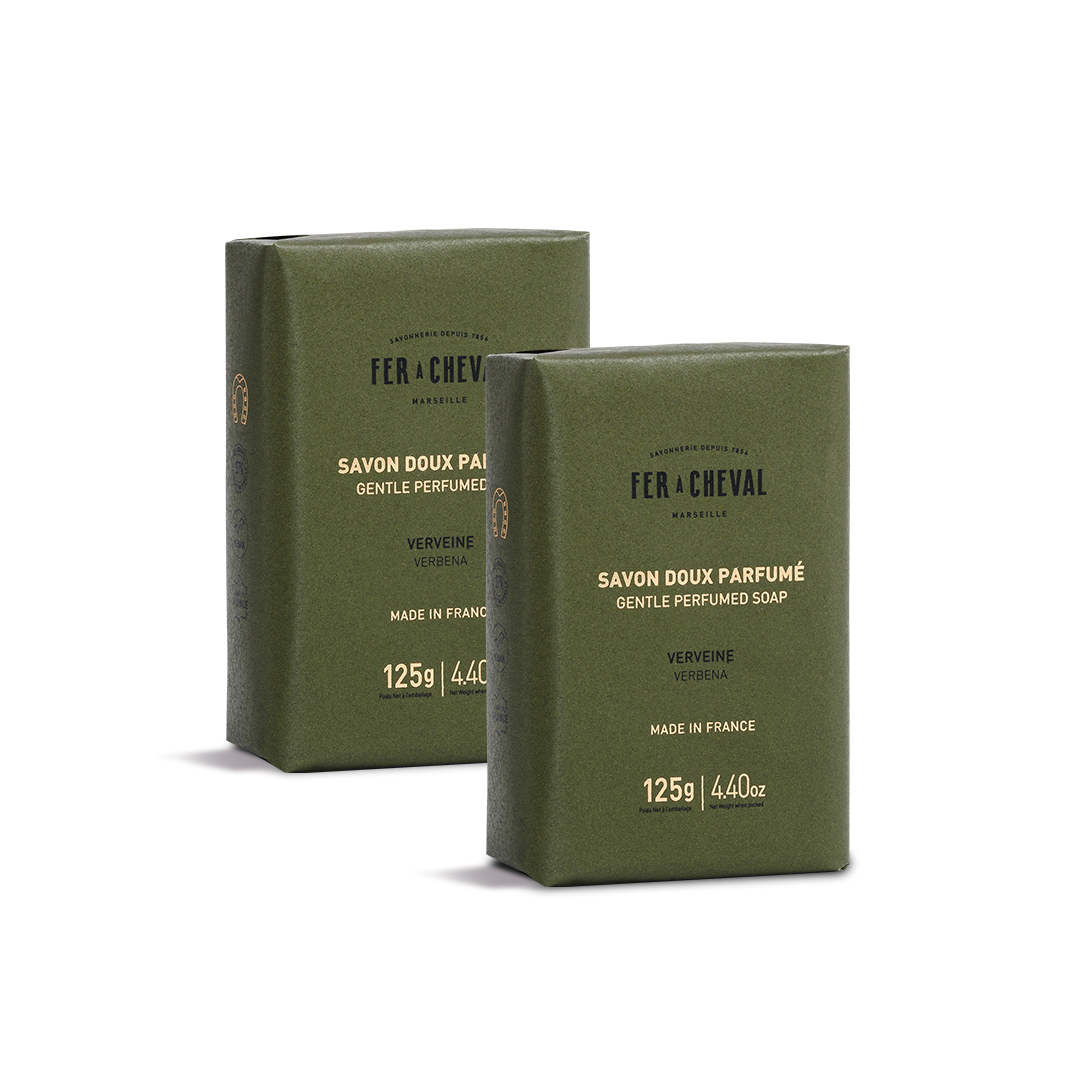thumbnail video image 2 of Fer à Cheval Gentle Perfumed Soap 2-Pack – Verbena – 125 g / 4.4 oz Each – Refreshing French Soap Bars with Shea Butter – Made in France, 2 of 7
