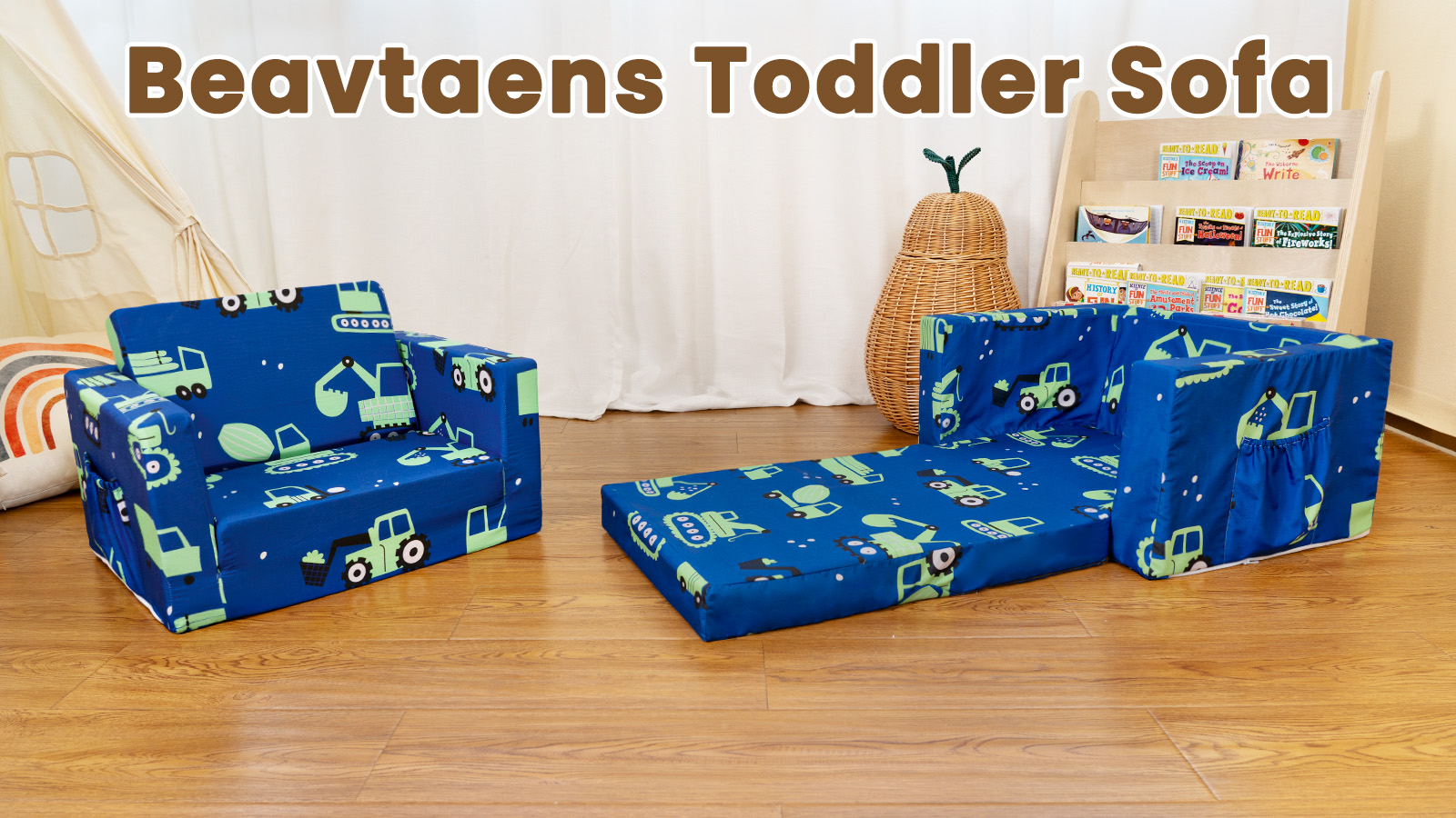 thumbnail video image 2 of Beavtaens Toddler Sofa, 2-in-1 Flip Open Toddler Couch, with Side Pocket, for Ages 18 Months+ (Cars), 2 of 12