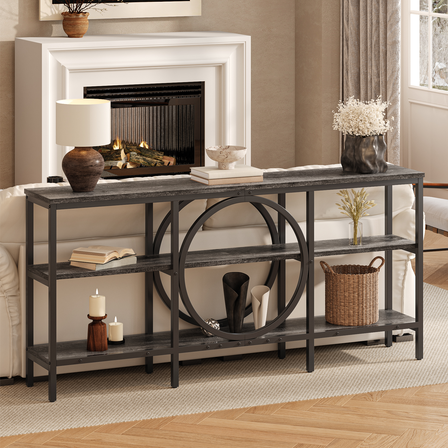 thumbnail video image 2 of Tarnorci 66.9 Inch Extra Long Sofa Table, Narrow Long Sofa Console Tables Behind Couch Table with Open Storage Shelf, Gray+Black, 2 of 10