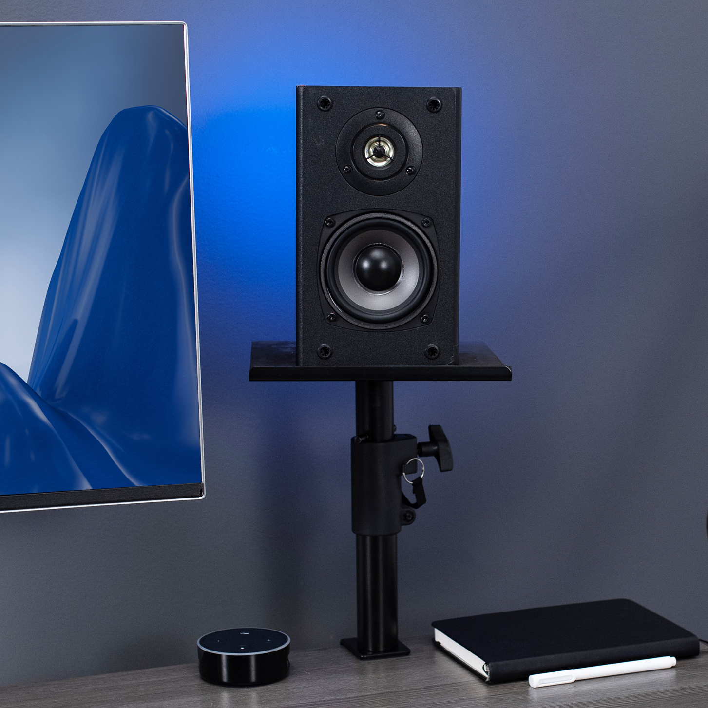 thumbnail video image 2 of VIVO Universal White Steel Clamp-on Desk / Table Speaker Stands, 2 Pack, 2 of 9