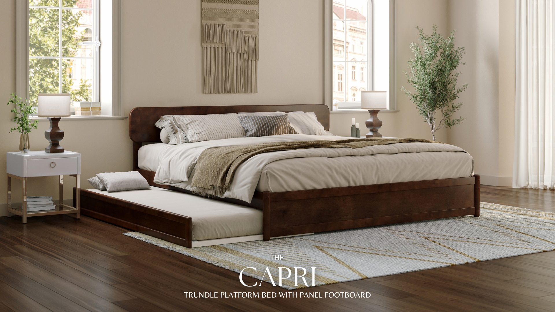 thumbnail video image 2 of AFI Capri Twin Solid Wood Platform Bed with Panel Footboard and Twin Trundle, Walnut, 2 of 17