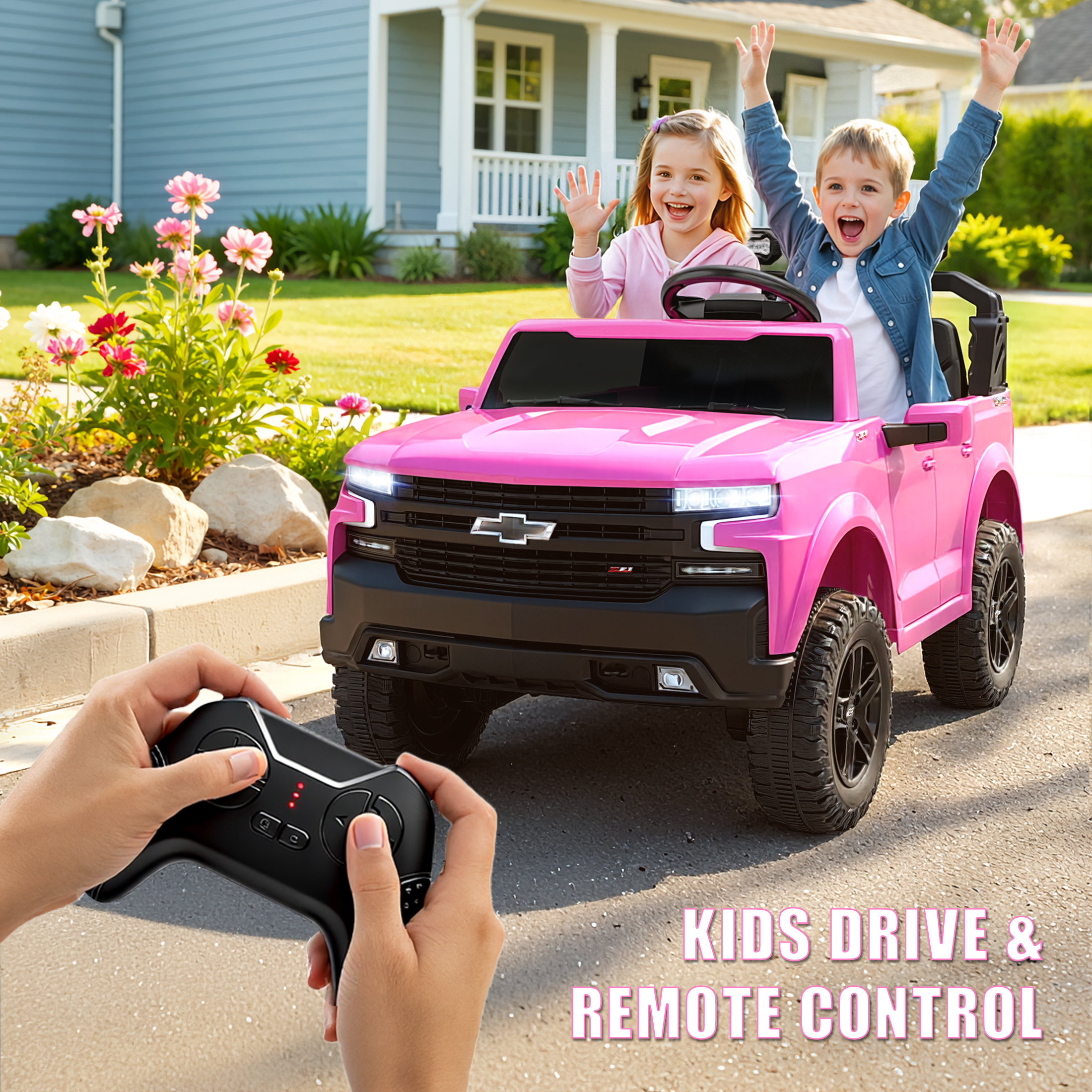 thumbnail video image 2 of Chevrolet Silverado 24V Ride on Cars, Real 2 Seat Battery Powered Ride on Toys with Remote Control, 4 Wheels Spring Suspension, LED Light, MP3 Player, Electric Car for Kids Boys Girls Gifts, Pink, 2 of 9