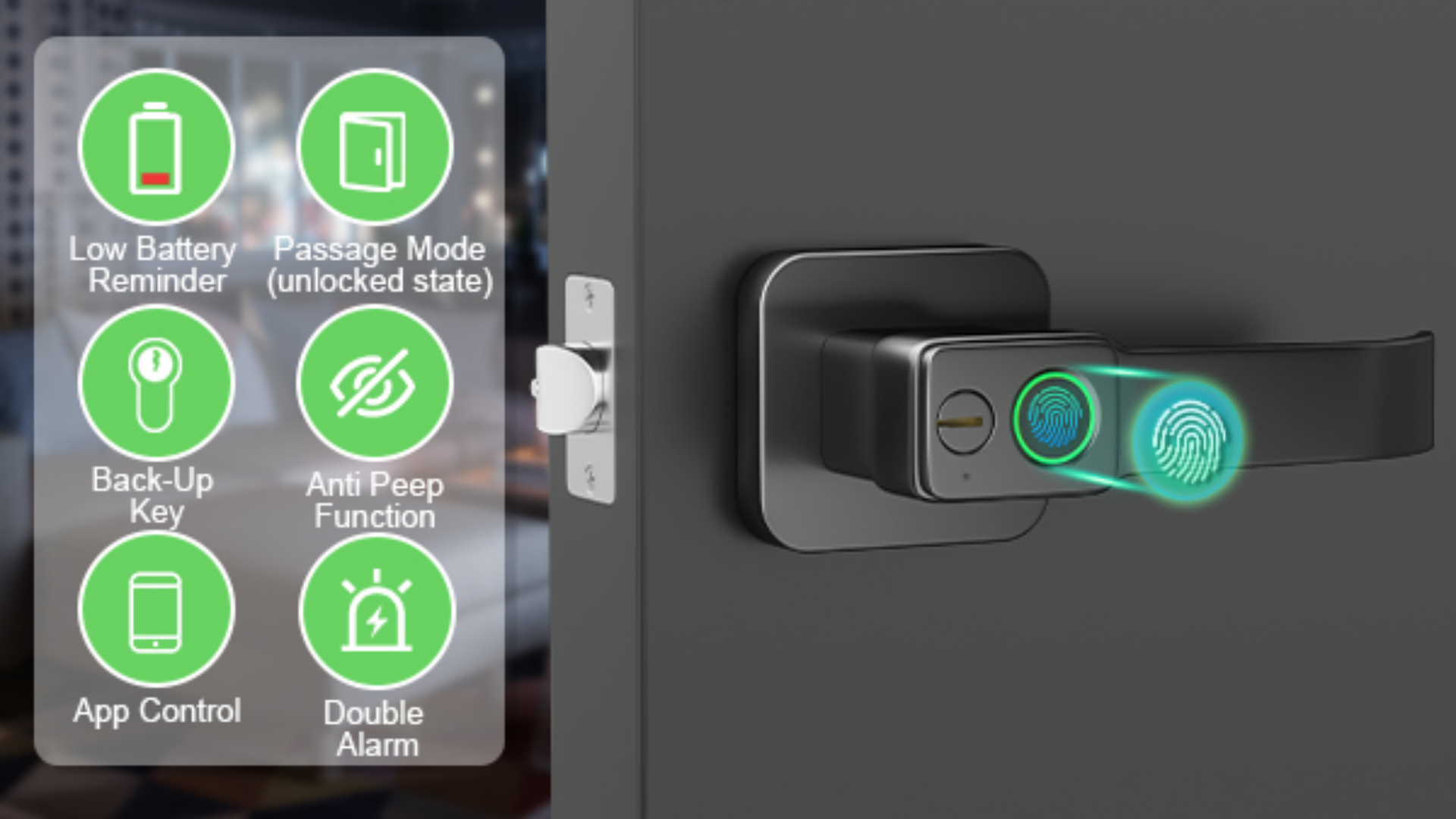 thumbnail video image 2 of FITNATE Fingerprint Door Lock with Handle，Smart Biometric Digital Door Knob Lock with App Control Keyless Entry for Bedroom,Home,Hotel,Office, Black, 2 of 11