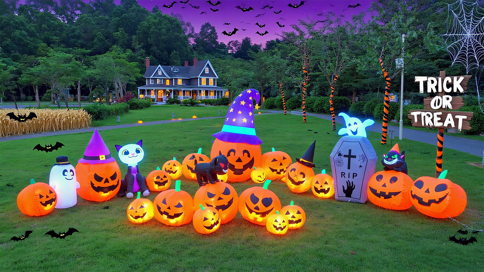 thumbnail video image 2 of Yexmas 8.7ft Halloween Inflatables Pumpkins 7 Blow Up Decor with Witches Hat, Built-in LED Lights for Halloween Party, Yard, Garden, Lawn, 2 of 8