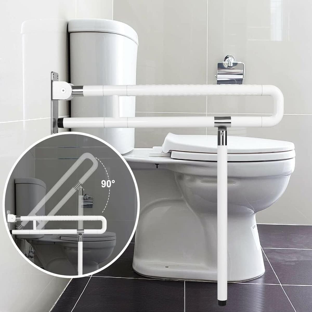 thumbnail video image 2 of Petoto Handicap Toilet Grab Bars, Foldable Bathroom Grab Bar Safety Rails with Leg for Elderly, 2 of 10