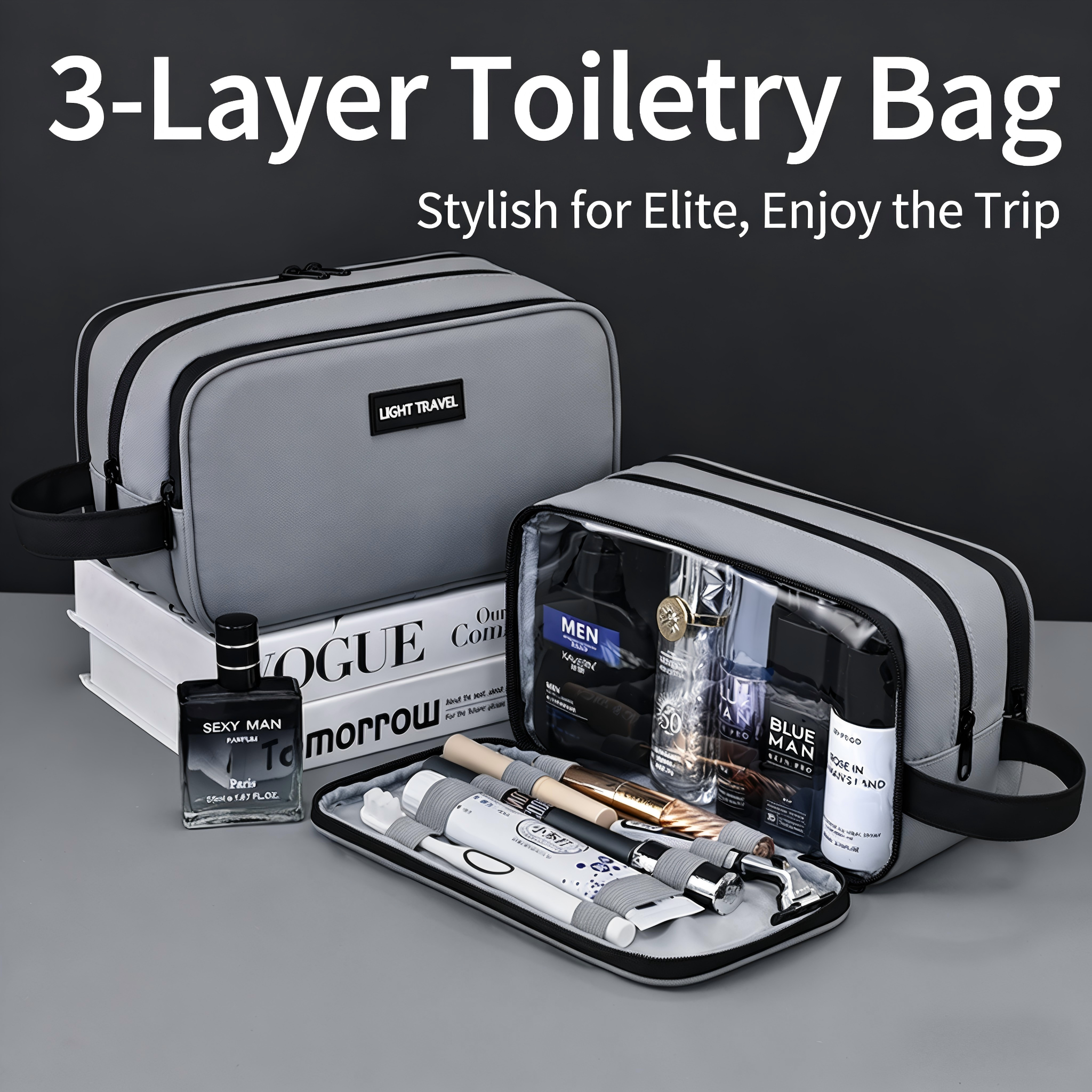 thumbnail video image 2 of WANDF Large Toiletry Bag with for Men Women,3-Layer PU Leather Travel Dopp Shaving Kit Bag with Wet Compartment ,Water Resistant Cosmetic Makeup Organizer Shower Bathroom Bag(Grey), 2 of 13