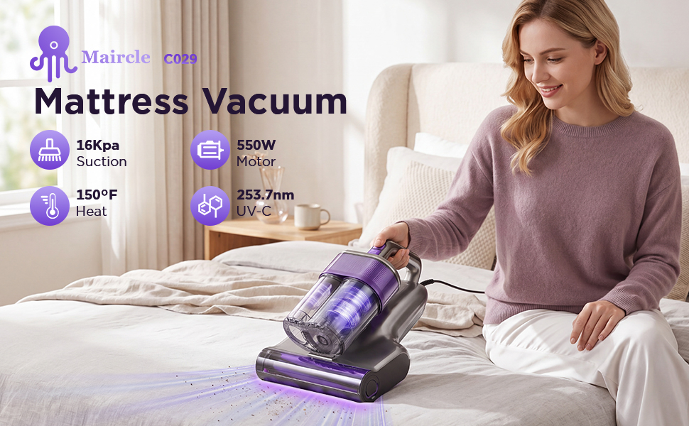 thumbnail video image 2 of Maircle Mattress Vacuum Cleaner with UV Light, Bed Vacuum with Dust Detection, 18KPa Handheld Vacuum with LED Display, 40,000 Beats/Min Tapping, 150°F Heat, HEPA Filter for Bed, Couch, 2 of 10
