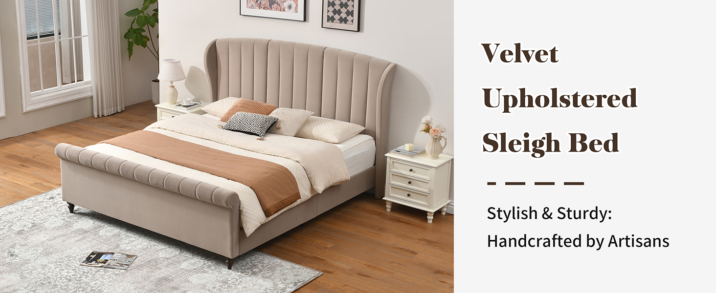 thumbnail video image 2 of Zanmintaobo King Sleigh Bed Frame,54"H Scroll Wingback Headboard,Velvet Upholstery,Wooden Slats,Noise-Free,No Box Spring Needed,Easy Assembly,Taupe, 2 of 11