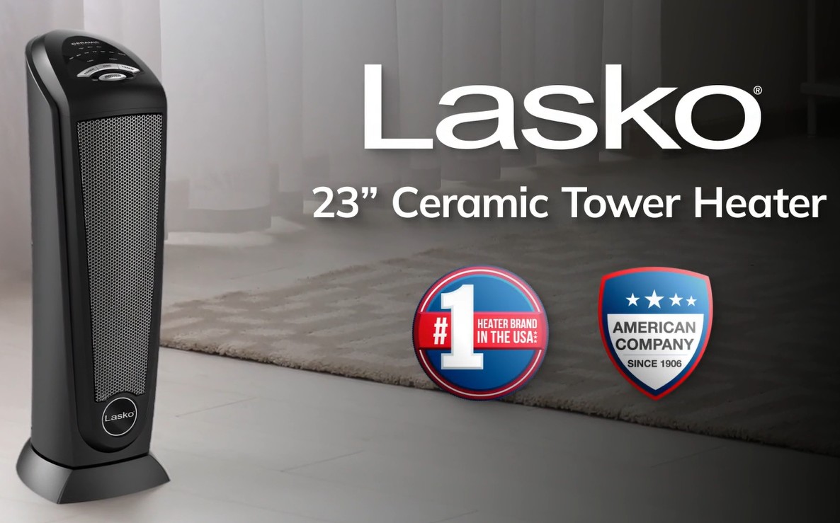 thumbnail video image 2 of Lasko 23" 1500W Oscillating Ceramic Tower Space Heater with Remote, Black, CT22410, 2 of 12