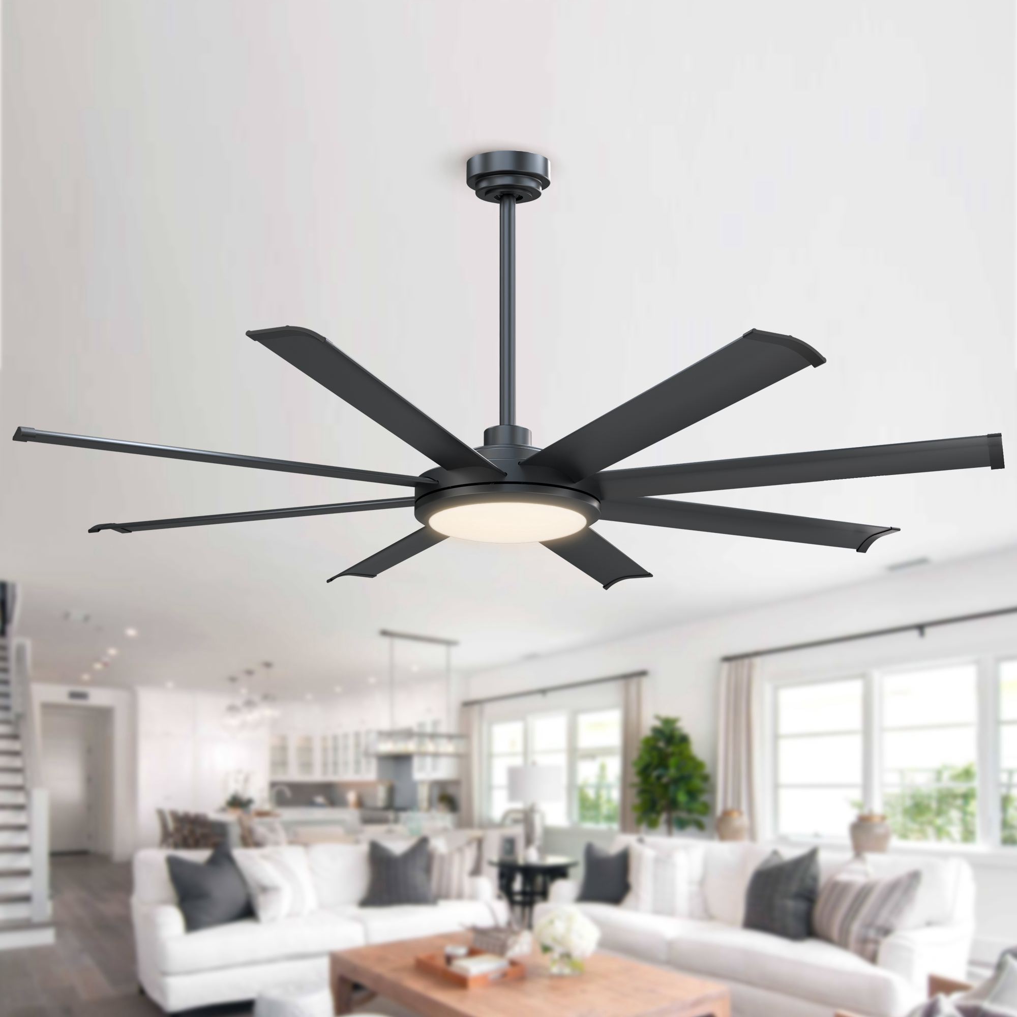 thumbnail video image 2 of Parrot Uncle 60" Modern Black Large Dimmable LED Ceiling Fan with Lights and Remote for Living Room, Covered Patio, 2 of 15