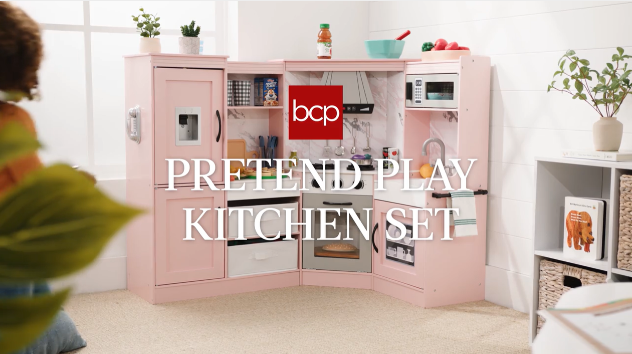thumbnail video image 2 of Best Choice Products Pretend Play Corner Kitchen, Interactive Wooden Kids Set w/ Lights & Sounds  - Espresso, 2 of 11