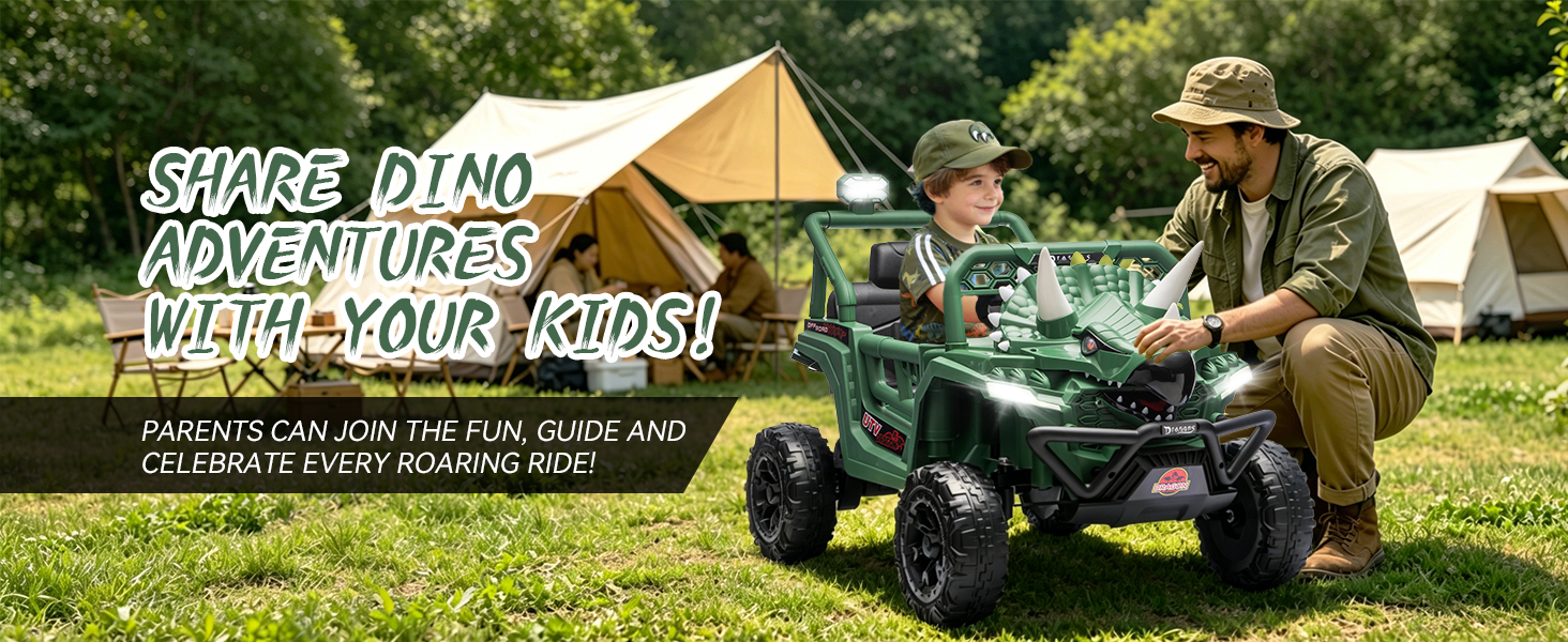 thumbnail video image 2 of Xuanlur 12V Dinosaur Ride on UTV, Kids Electric Car w/Parent Control, 70W Motors, 3-Horn Dinosaur Design, Rear Light & Flag, Front Bumper, 3 Speed, LED, Bluetooth, Ride on Toys for Boys Girls, Khaki, 2 of 8