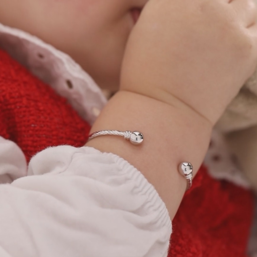 thumbnail video image 2 of 925 Sterling Silver Baby Plain Cuff Bangle Bracelet with Twisted Cable Design, 2 of 6