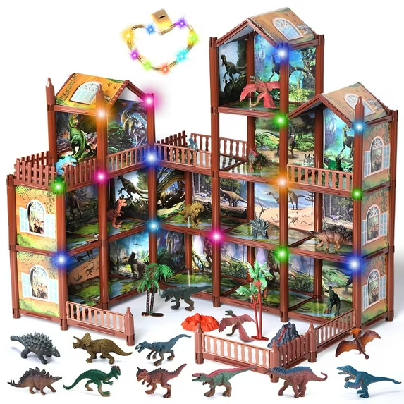 thumbnail video image 2 of JoyStone Dinosaur Dollhouse with 14 Rooms and Mountain Playset, Includes 12 Dinosaurs & Accessories, Pretend Play House for Kids Ages 6-12, 2 of 9