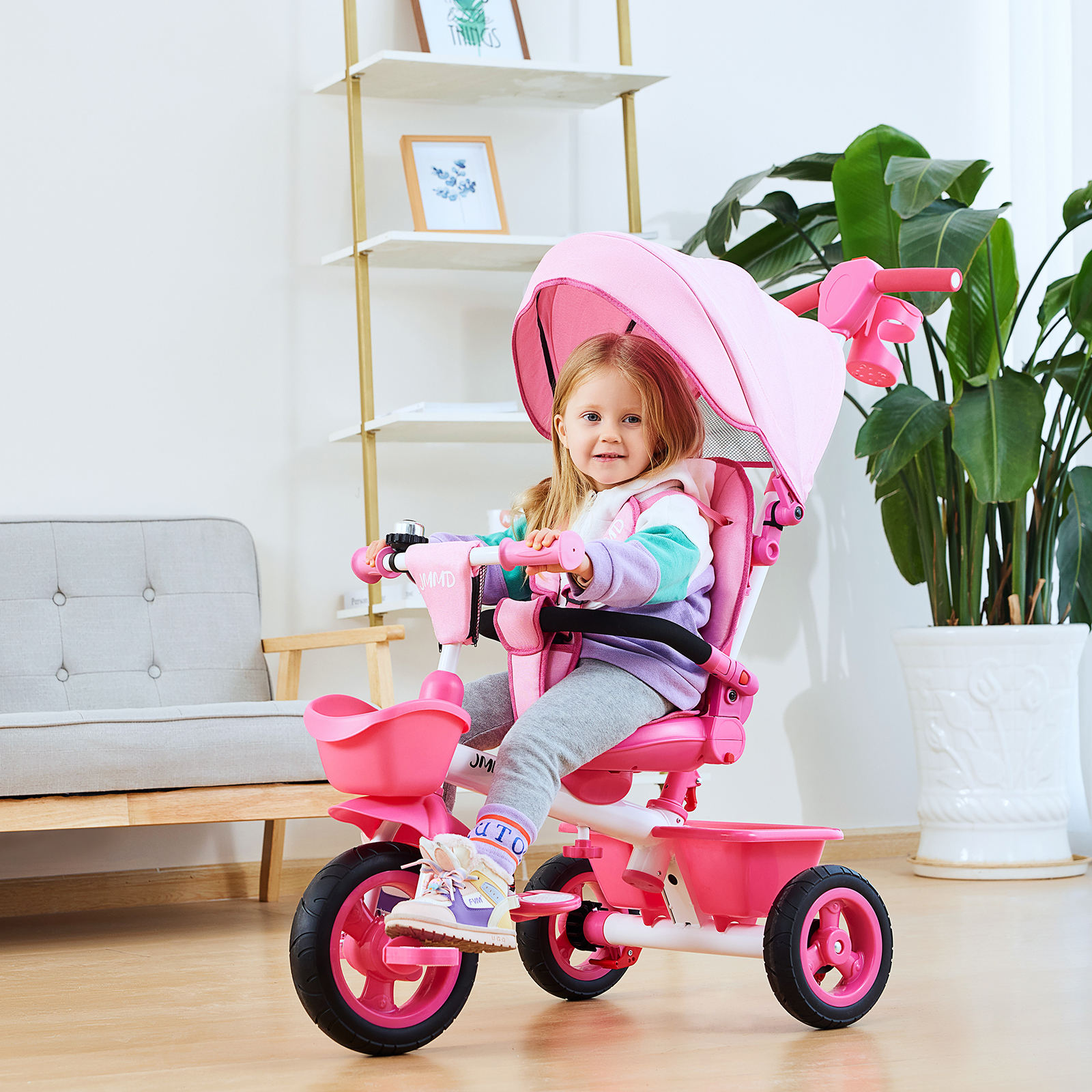 thumbnail video image 2 of JMMD Baby Trike, 6-in-1 Kids Tricycle with Adjustable Push Handle, Removable Canopy, Safety Harness for 18 Months - 5 Year Old, Red, 2 of 10