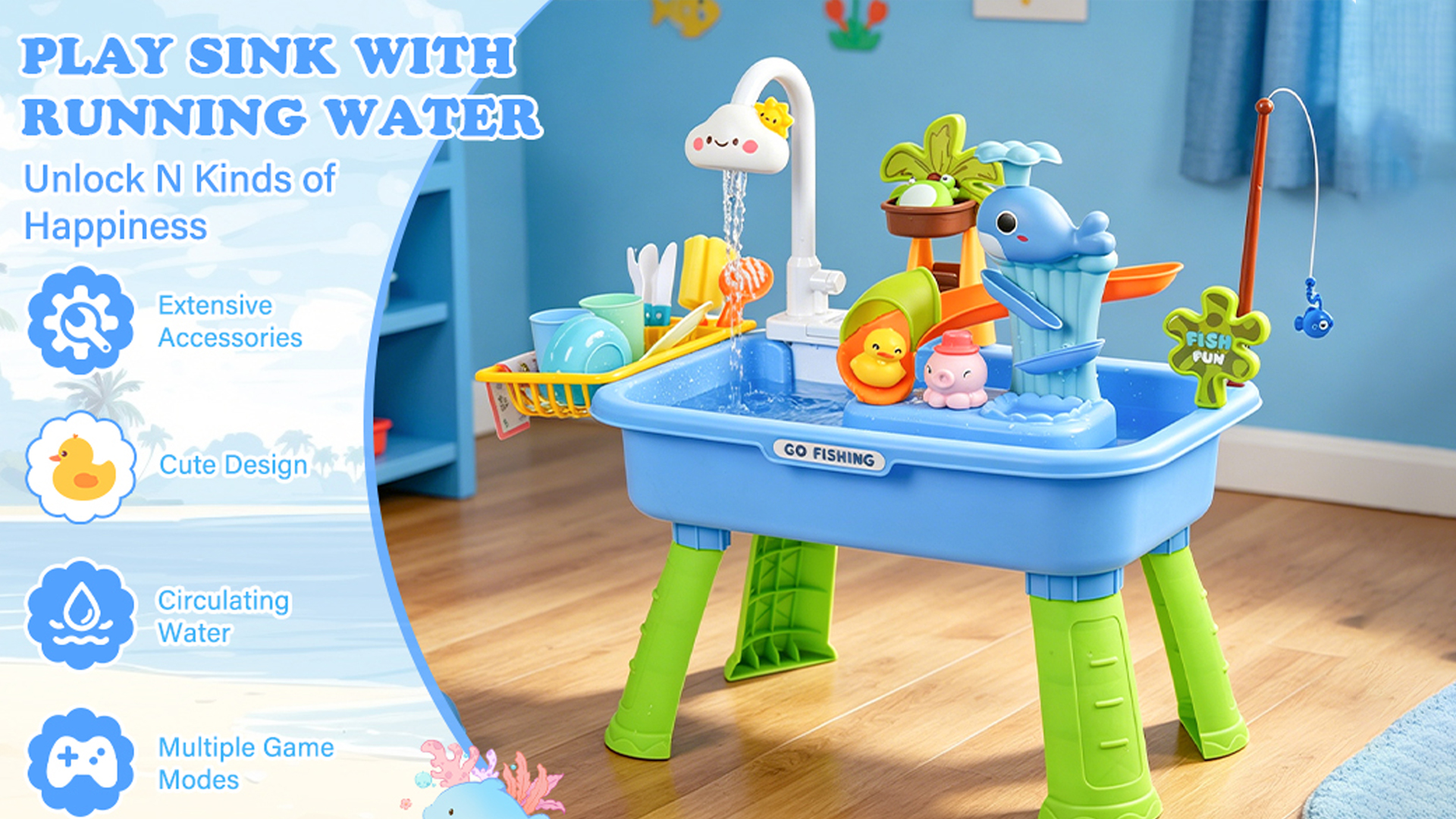 thumbnail video image 2 of Taotique 4 in 1 Water Table for Toddlers 1-3, Summer Showers Splash Tower Outdoor Toys for Kids Ages 4-8 with Pump, 43Pcs Kitchen Play Sink Toys for Girl Boy Age 3+ (Blue), 2 of 8