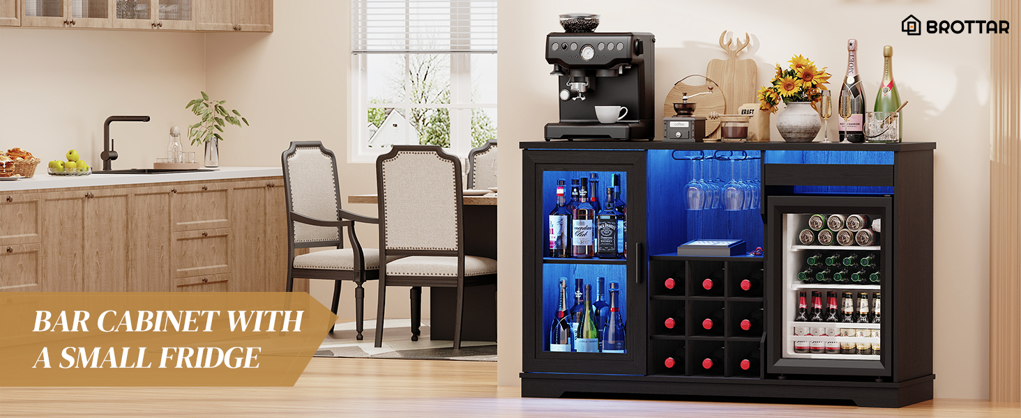 thumbnail video image 2 of Wine Bar Cabinet with LED Lights & Fridge(lncluded), Mini Fridge Cabinet with Wine Storage, Human Body Sensor, Sideboard Buffet for Kitchen Dining Room, Black, 2 of 9