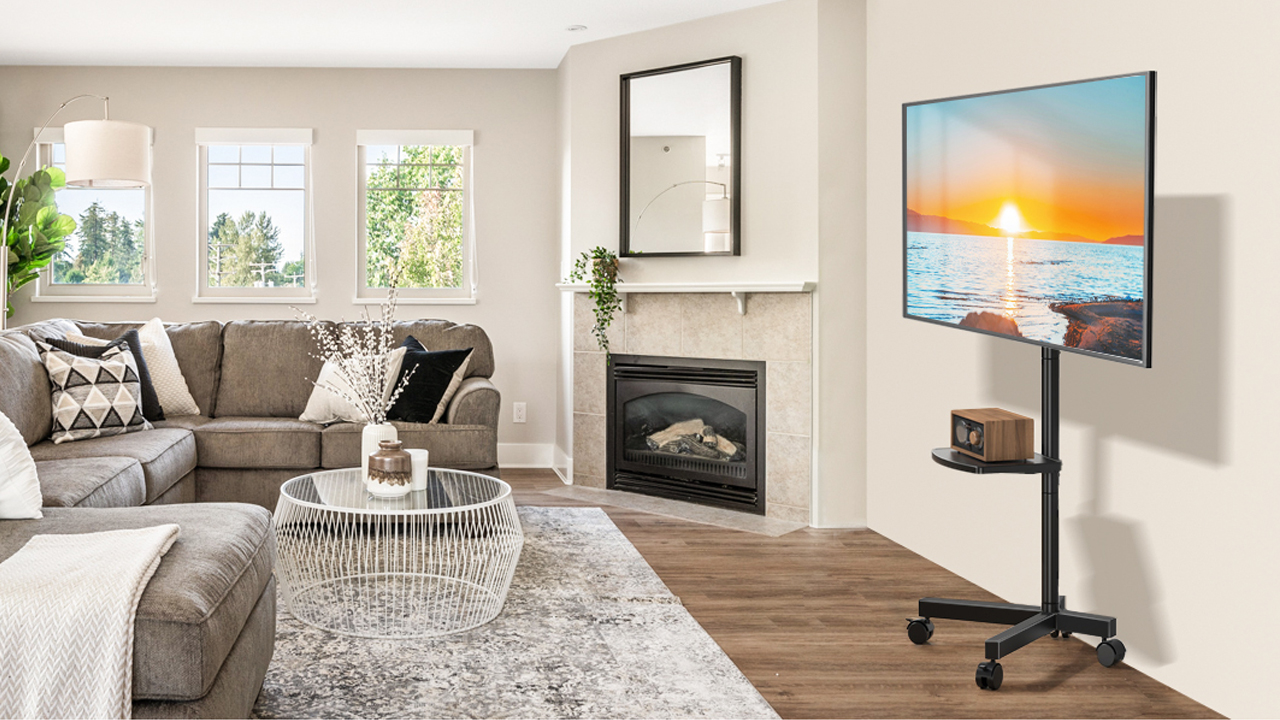 thumbnail video image 2 of TAVR Furniture Rolling Mobile TV Cart on Wheels for 23-60 inch Flat Screens, Adjustable Tilt Stand TV Trolley Holds up to 88lbs, 2 of 9