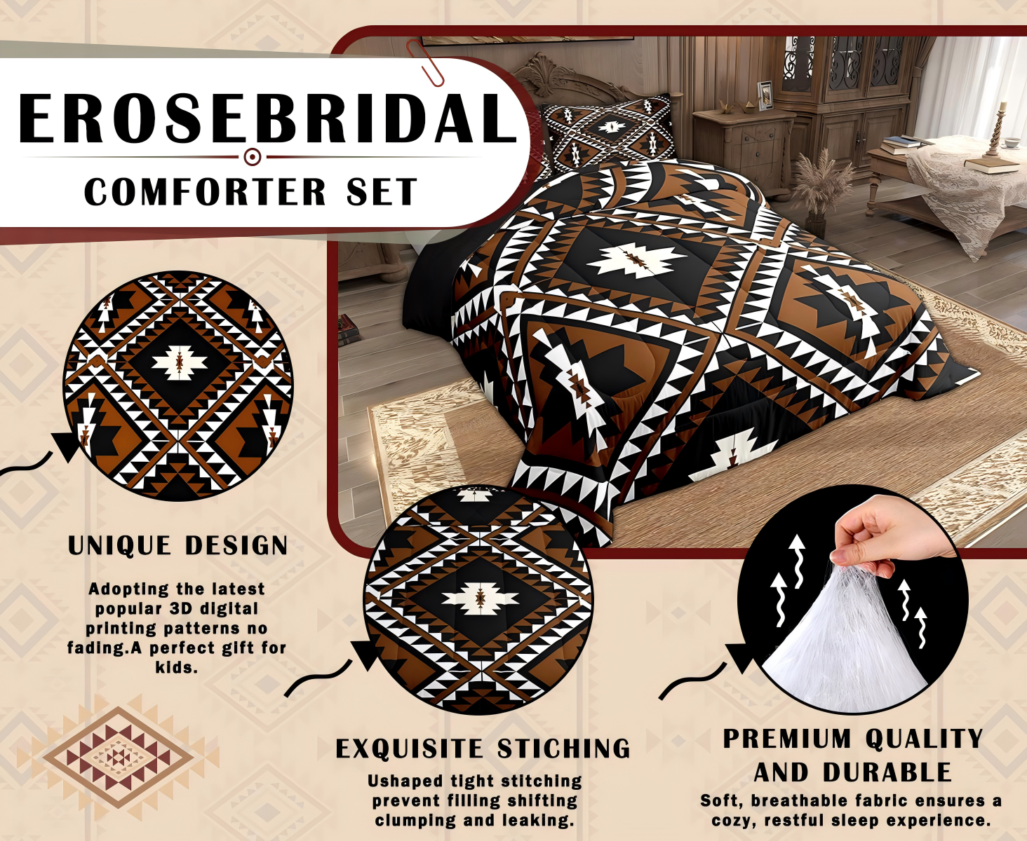 thumbnail video image 2 of Rustic Western Queen Size Comforter Set For Men,Southwestern Aztec Bedding Set Bohemian Quilt Comforter Ethnic Mexican Geometric Diamond Duvet Insert Brown Black White Farmhouse Room Decor 3 Pcs, 2 of 8