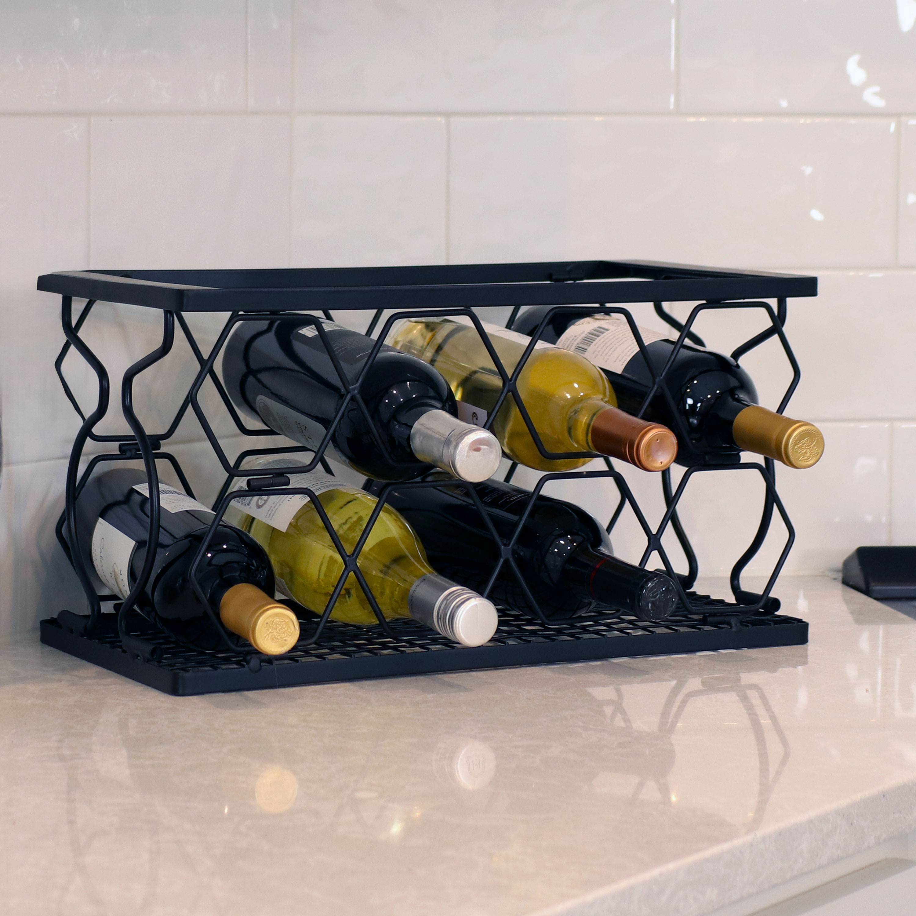 thumbnail video image 2 of Sunnydaze Modern Metal Freestanding Folding 8-Bottle Small Countertop Wine Rack, 2 of 7